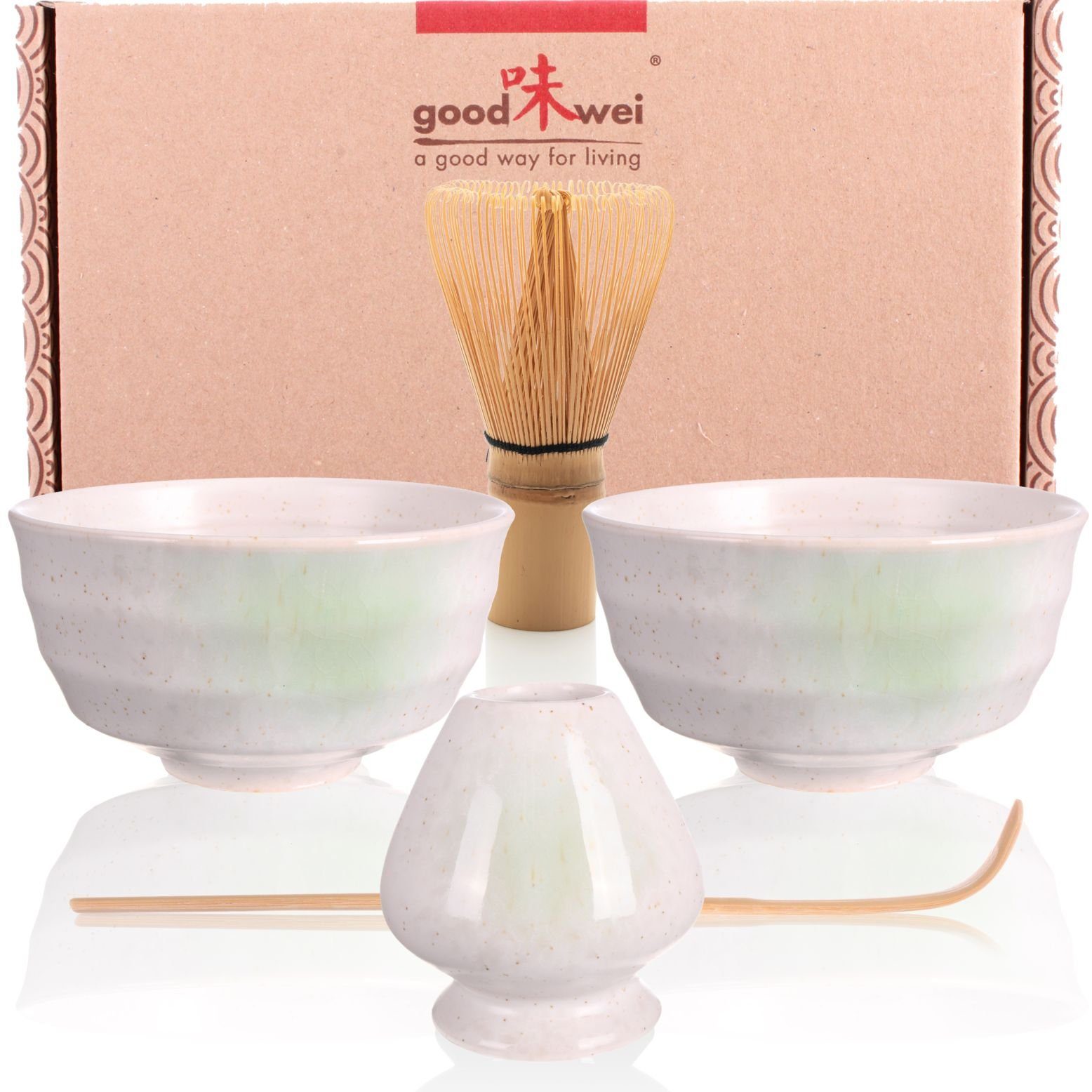 Goodwei Teeservice Matcha Teezeremonie Duo-Set "Shiro": 2 Schalen, Besen u. Besenhalter (5-tlg), Keramik