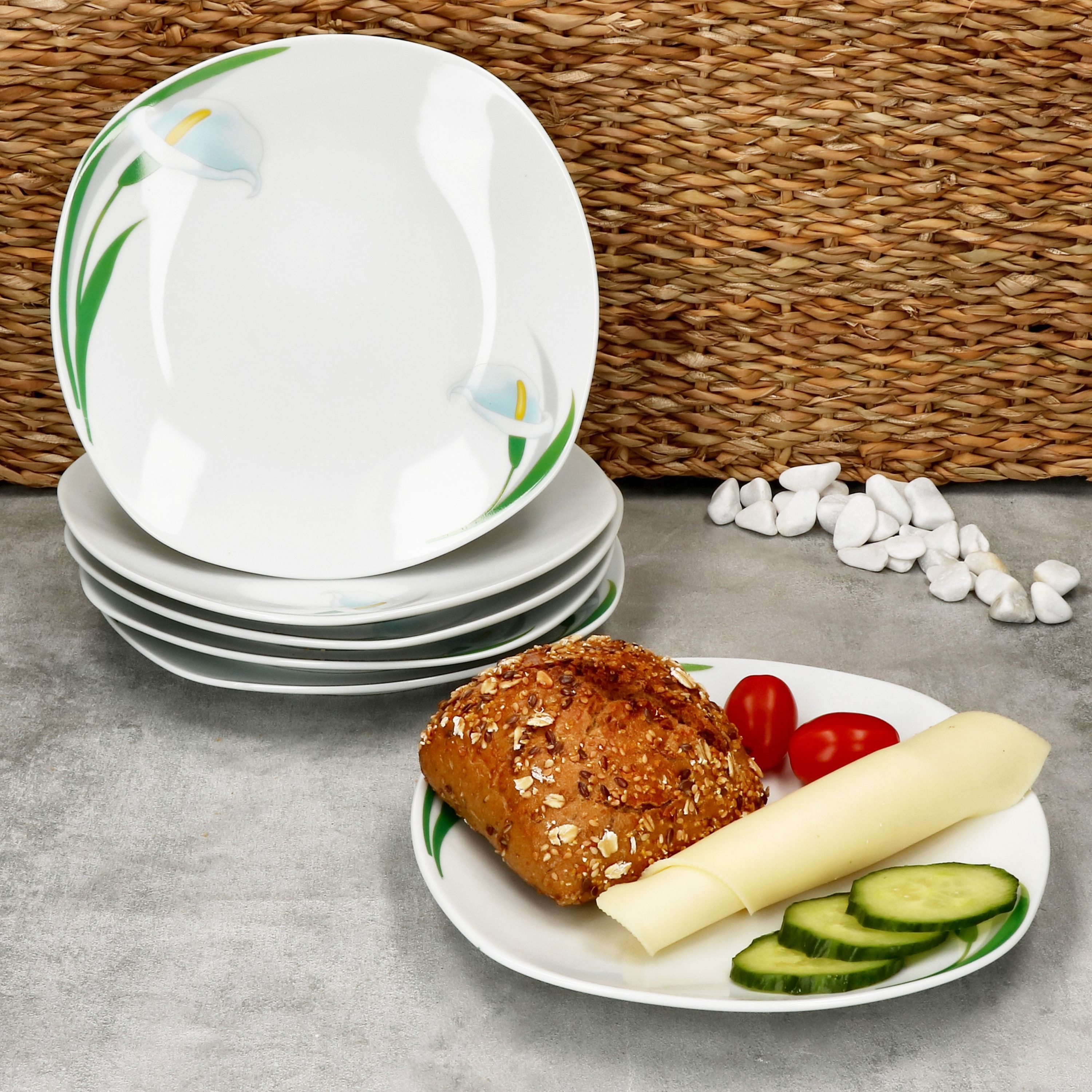 MamboCat Frühstücksteller 6x White Calla Kuchenteller Porzellan 6 Personen florale Teller