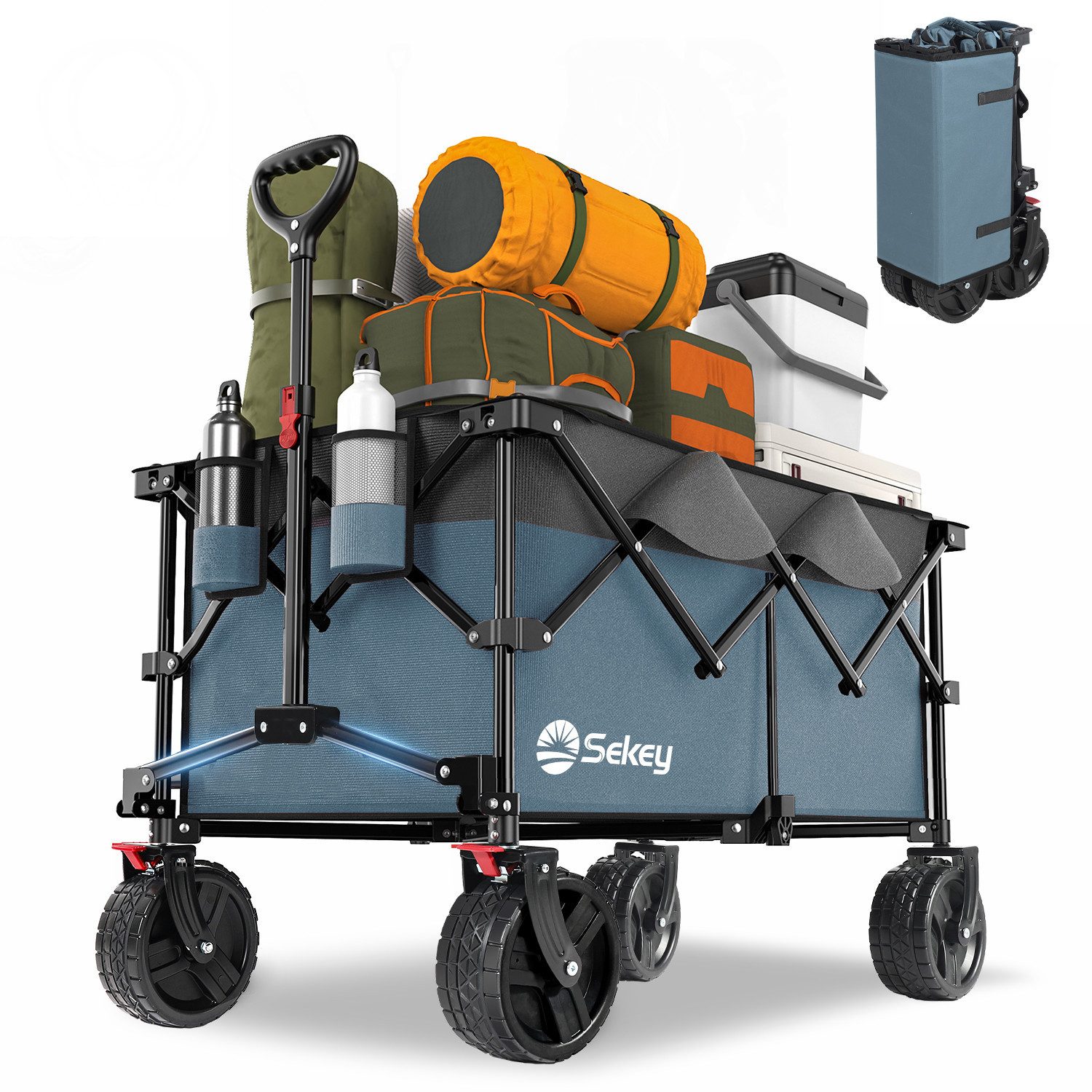 Sekey Bollerwagen Faltbarer Bollerwagen bis 200kg Handwagen Breite Reifen Alle Gelände, Ultrakompakte Faltgröße, mit einer Hand faltbar, 200L 200 KG belastbar