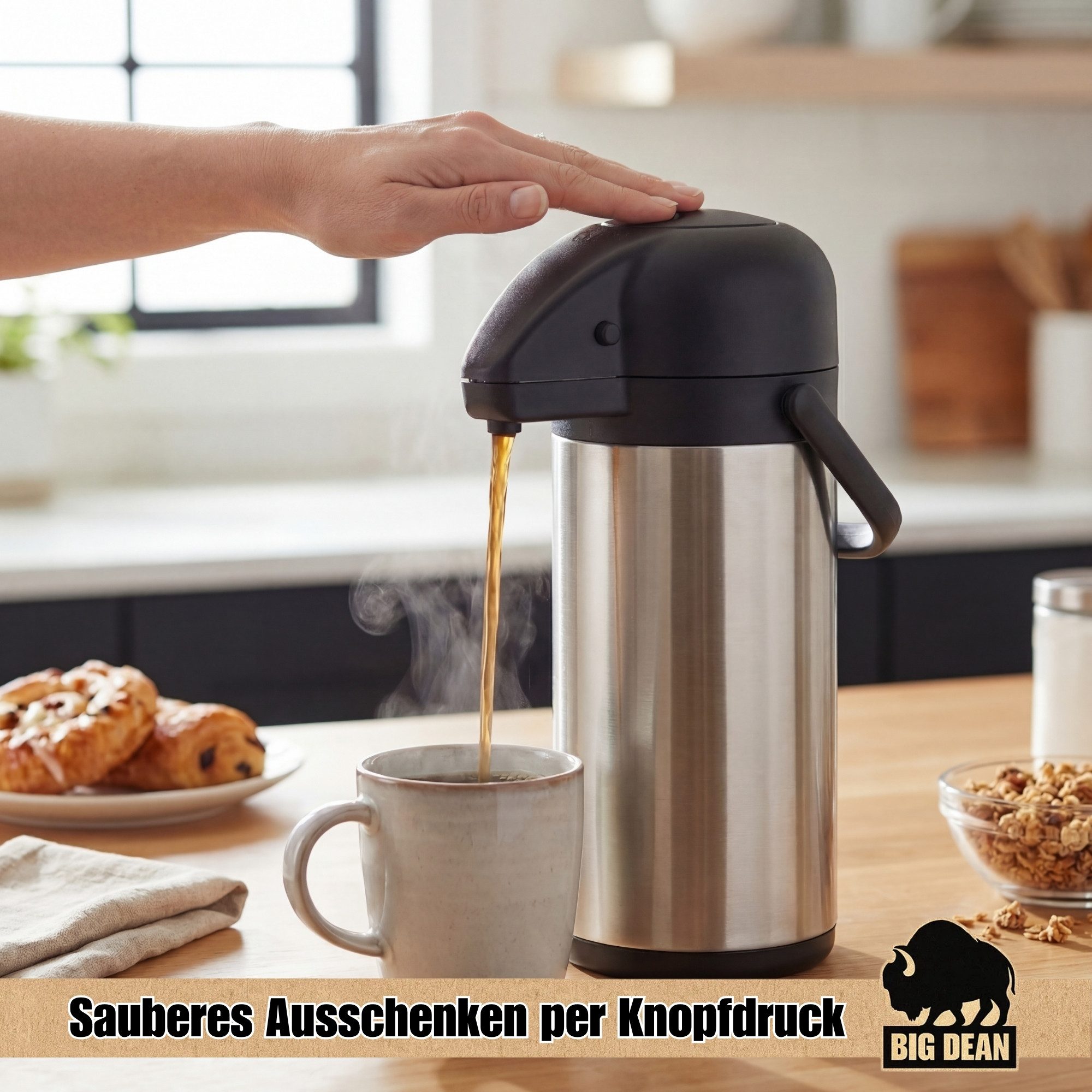 Haushalt International Isolierkanne Airpot 3,0 L Pumpkanne Thermoskanne Kaffeekanne Camping Edelstahl, 3 l, (Packung, 1-St), 3L Volumen, Pumpdeckel, Edelstahl