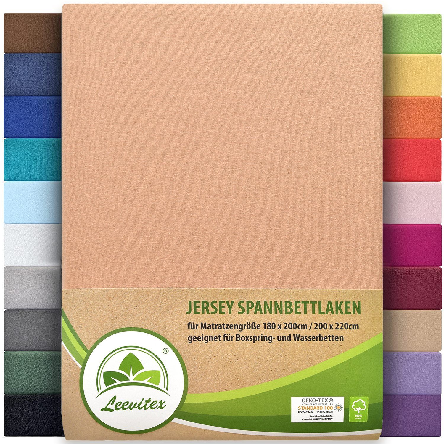 Spannbettlaken Boxspringbett & Wasserbett Spannbettlaken 150 g/m², leevitex®, Gummizug: rundum, Mako-Baumwolle, ÖkoTex, 180x200 – 200x220 cm + 40 cm Steg Leinen/Apricot