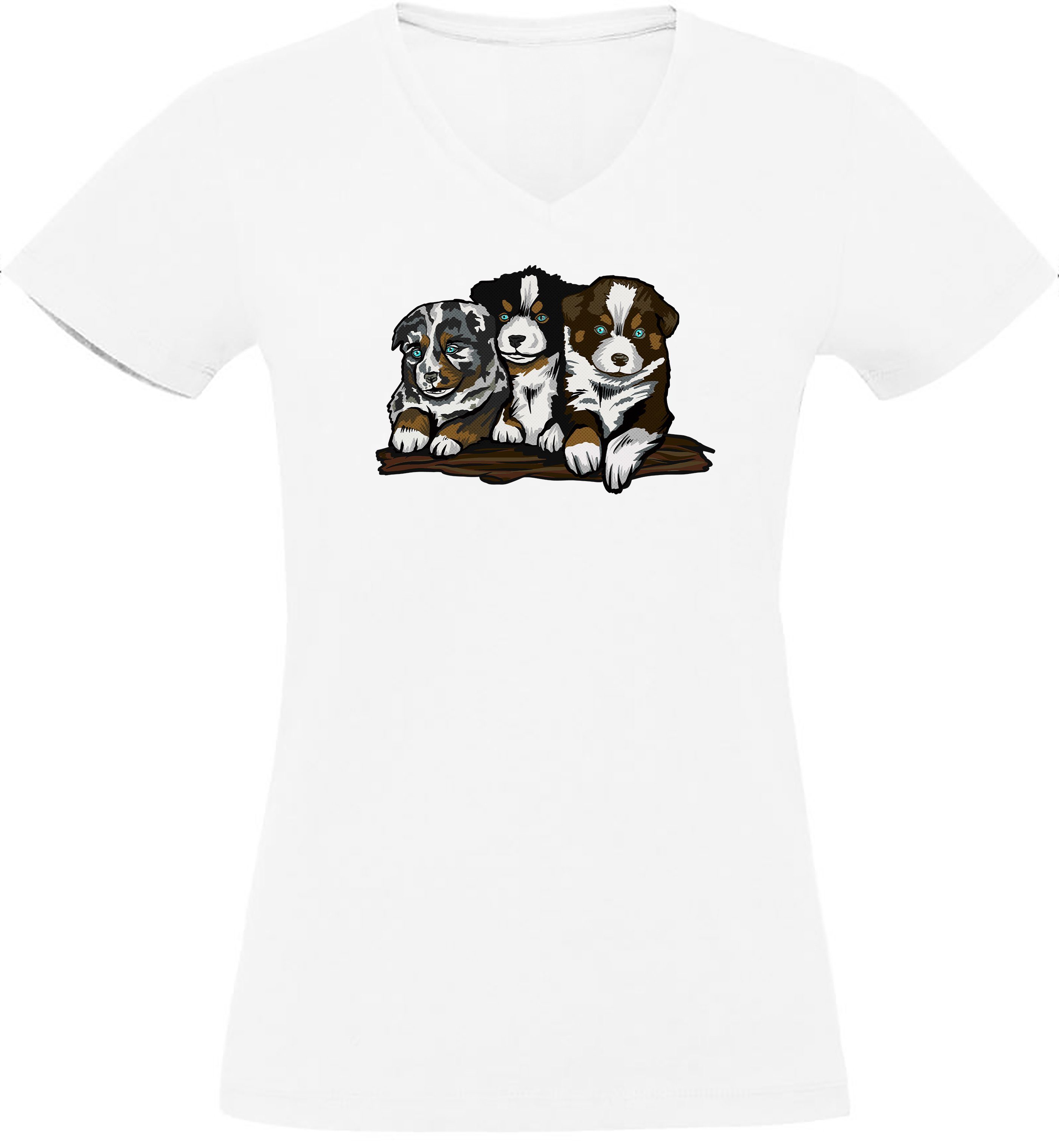 T-Shirt Damen Hunde Print Shirt - Drei Hundewelpen