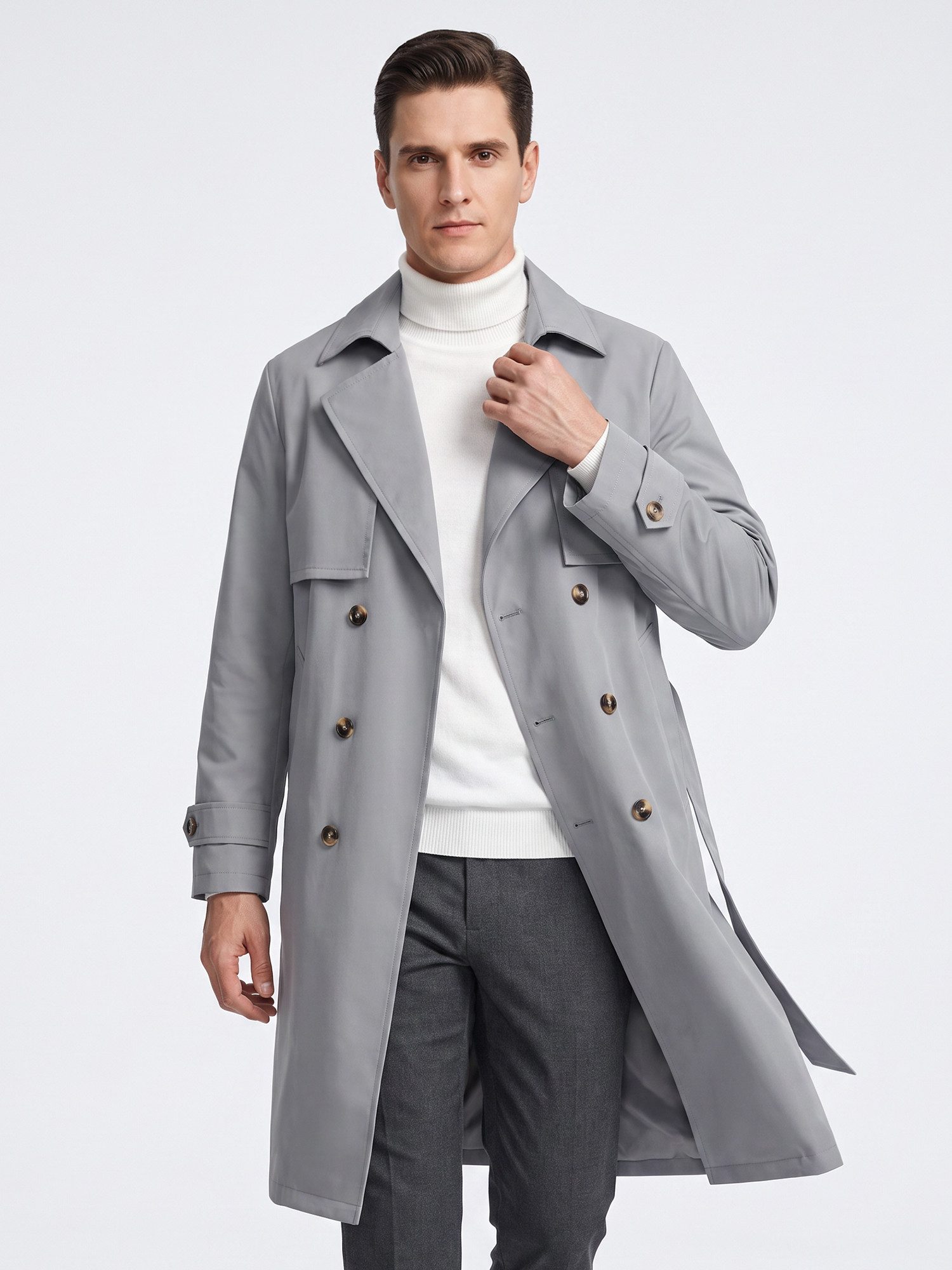 Allthemen Trenchcoat mit Gürtel Herren Langmantel zweireihig Mantel klassische Herbstjacke – Bild 2 von 5
