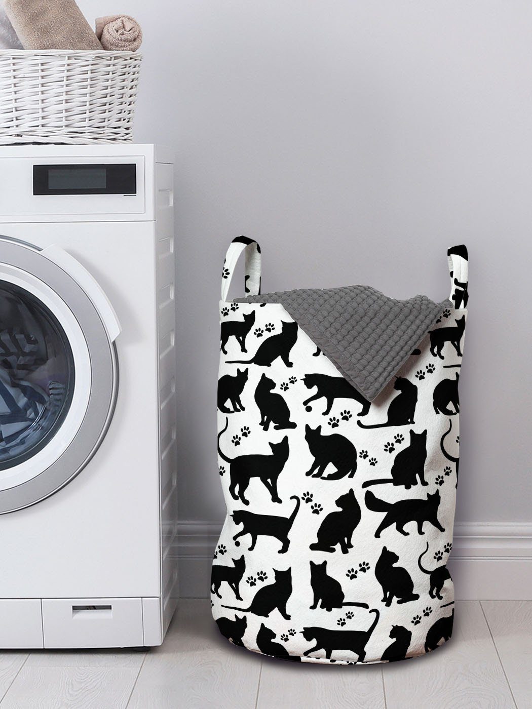für Schwarze Silhouetten Waschsalons, Freundlich Katze Wäschesäckchen Abakuhaus mit Wäschekorb Griffen Kordelzugverschluss