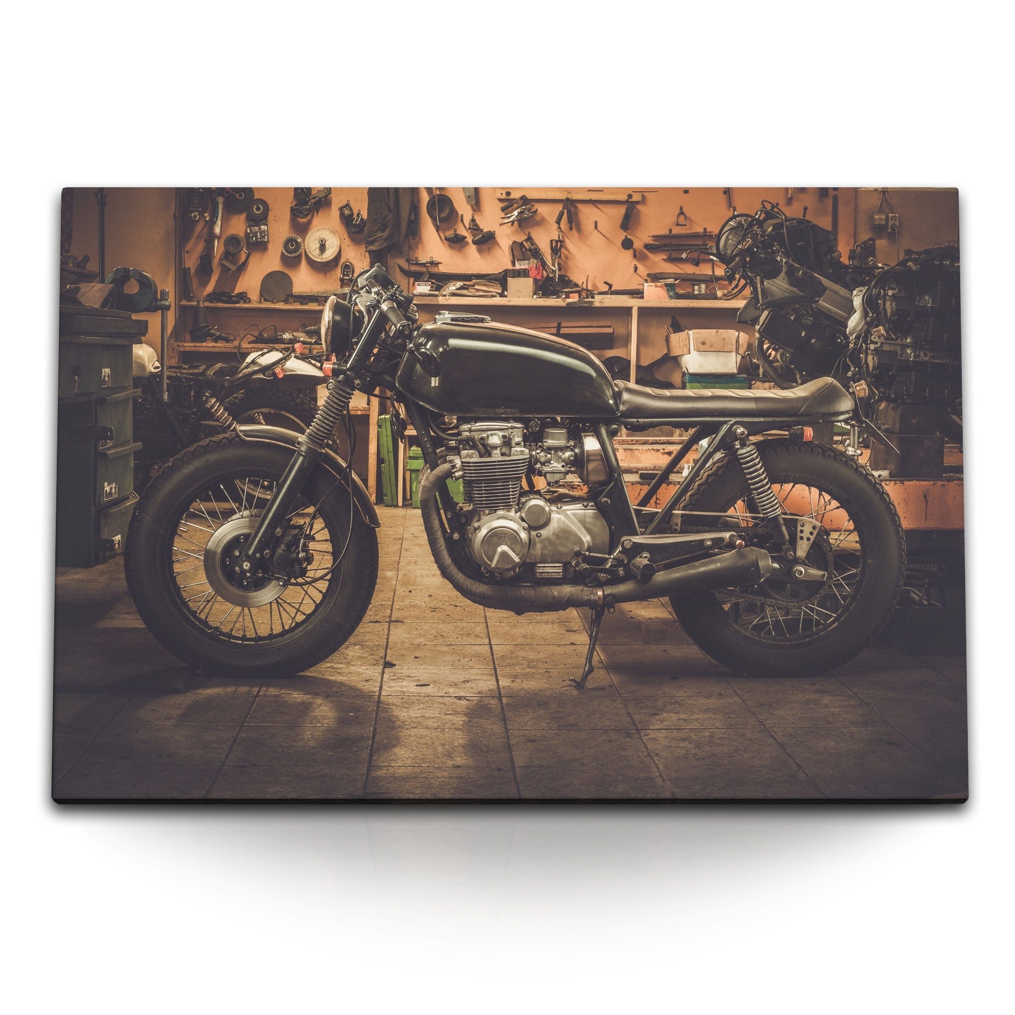 Leinwandbild 120x80cm Wandbild auf Leinwand Altes Motorrat Bike Werkstatt Garage Vi