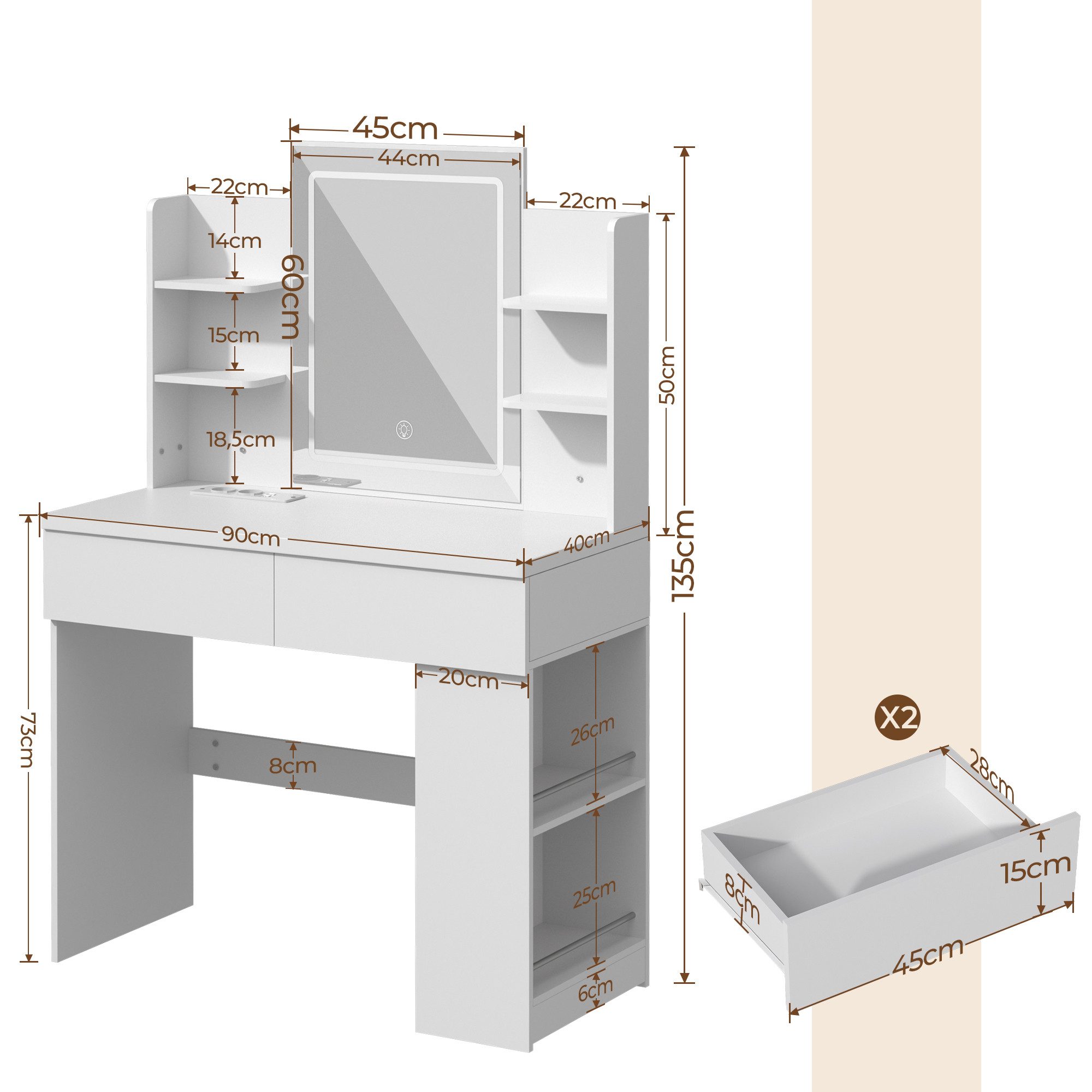 GLIESE Schminktisch mit LED-Beleuchtung, Frisierkommode 90x40x135cm (1-St., Schminktisch), 2 Steckdose + 2 USB, Stufenloser Dimmfunktion