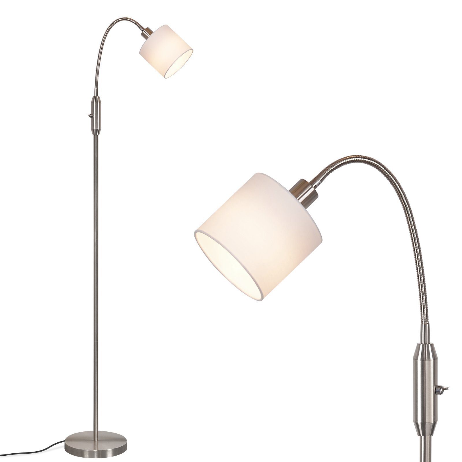 ZMH LED Stehlampe Wohnzimmer Vintage Schwarz Stehleuchte Stoff Bogen 360°, LED fest integriert, Metallsockel, E14, Stofflampenschirm weiß