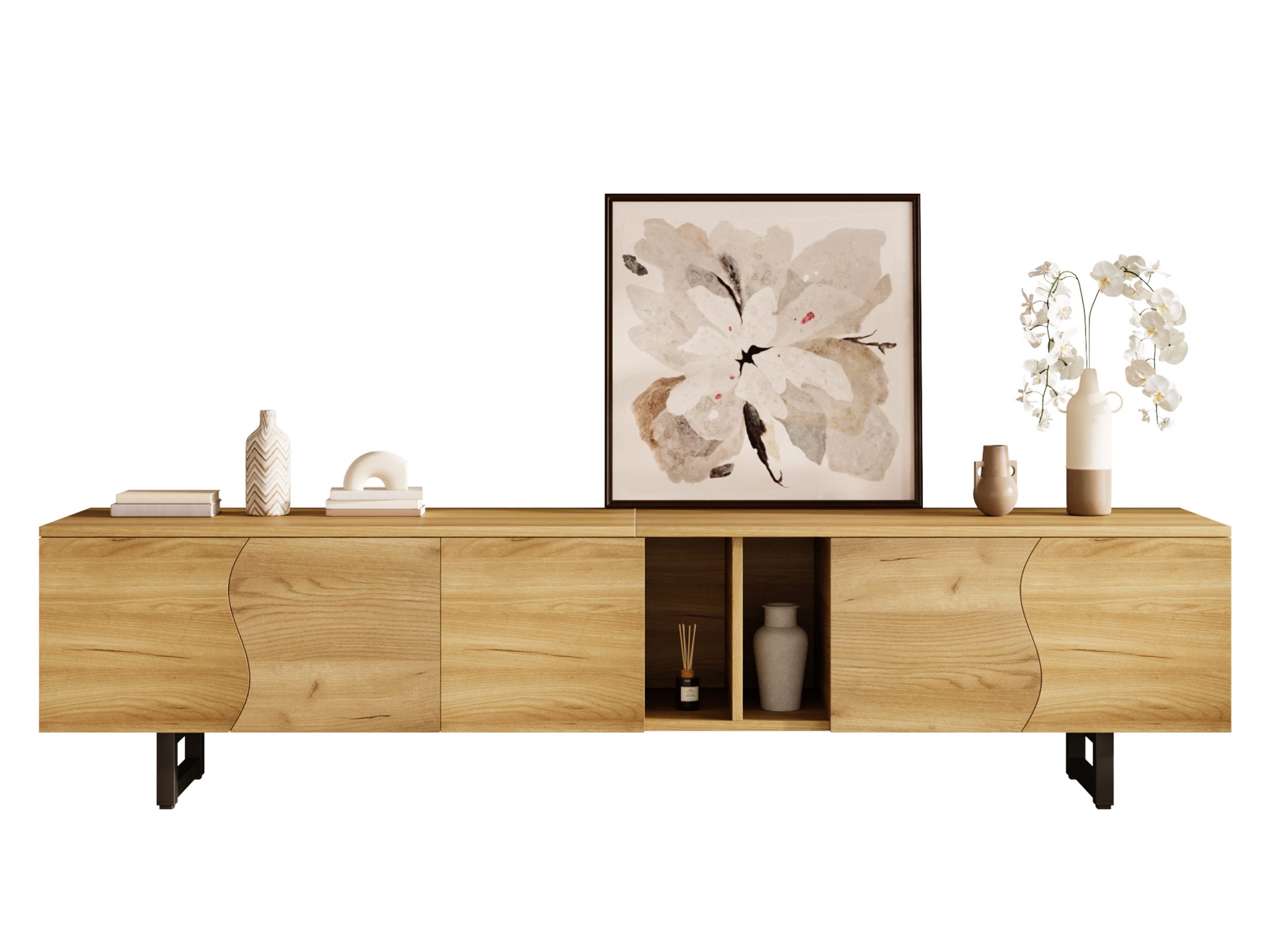 SeedWave Lowboard TV-Schrank in Holzoptik, 191cm Breite Fernsehschrank mit 5 Türen, 5 geschlossene Fächer + 2 halboffene Ablagen