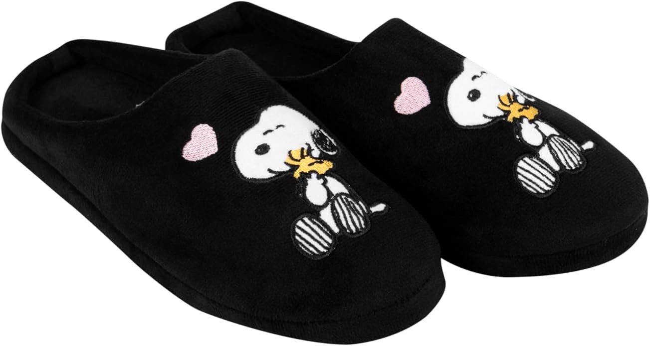 United Labels® The Peanuts für Damen Snoopy Design Puschen Slipper Pantoffeln Schwarz Hausschuh
