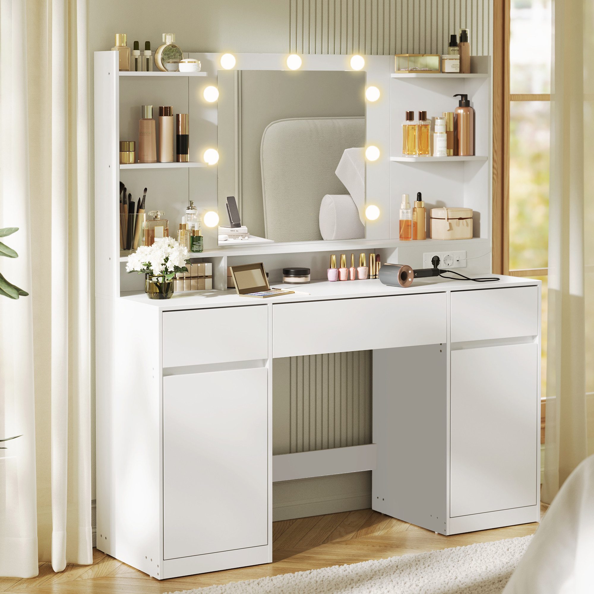 Schminktisch mit Spiegel und LED-Leuchten, Steckdosenleiste, Schubladen