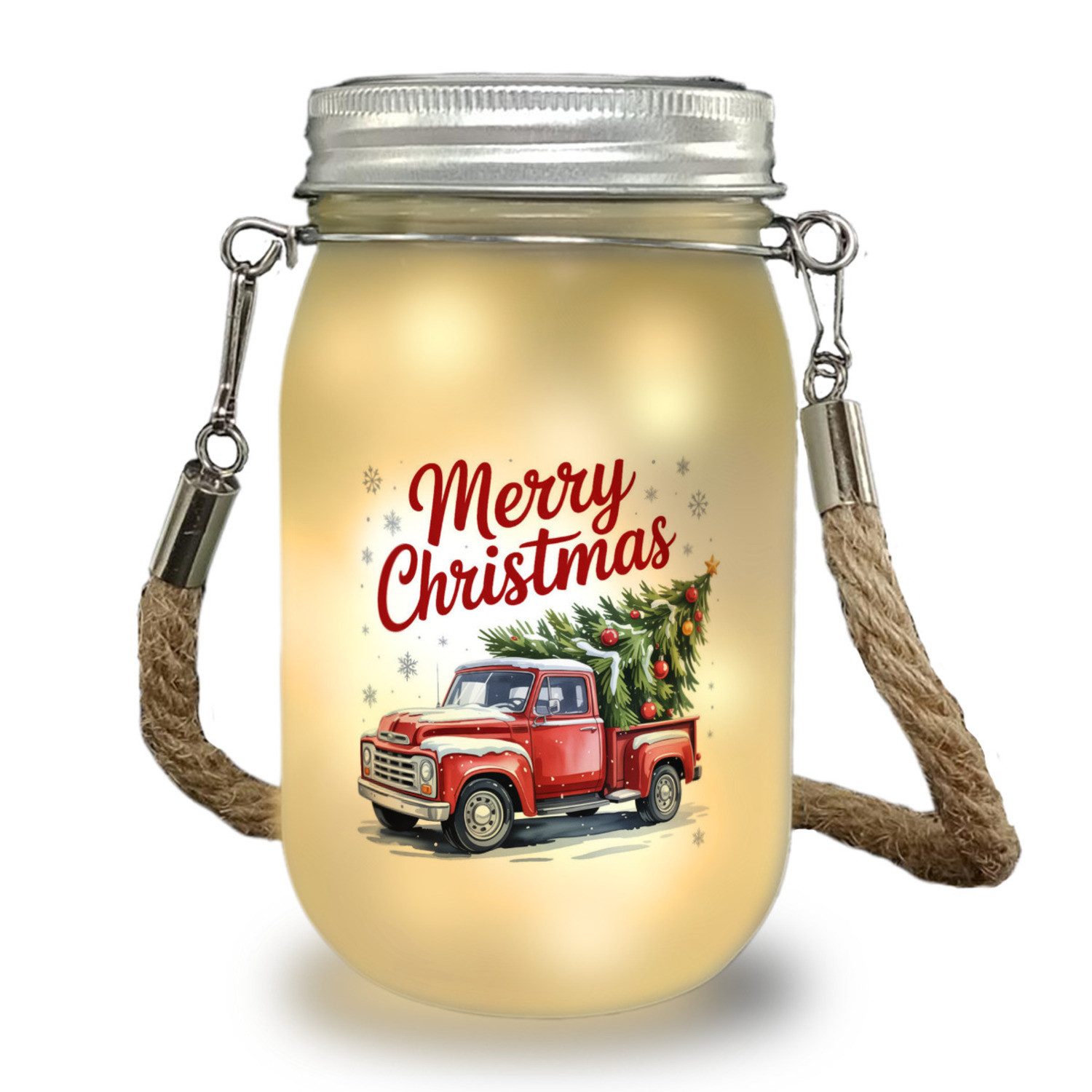 speecheese Dekolicht Merry Christmas Solarlicht mit Rotem Truck und Weihnachtsbaum