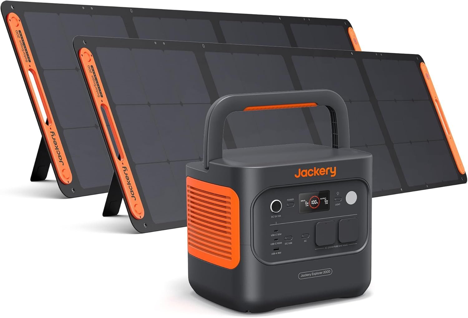 Jackery Solargenerator 2000 v2 tragbare Powerstation mit 2x200W Solarpanel, 2042Wh Solar Stomerzeuger mit 2200W Ausgang 45600 mAh (12, 230 V), LiFePO4 Batterie Schnellladung für Camping, Wohnmobil, Off-Grid