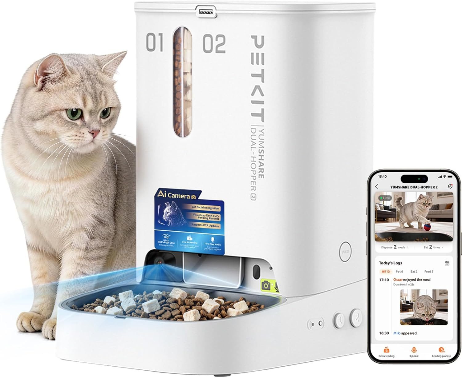 PETKIT Katzen-Futterautomat PETKIT YUMSHARE Dual-Hopper with Camera Smart Pet Feeder 2, AI‑Tiererkennung