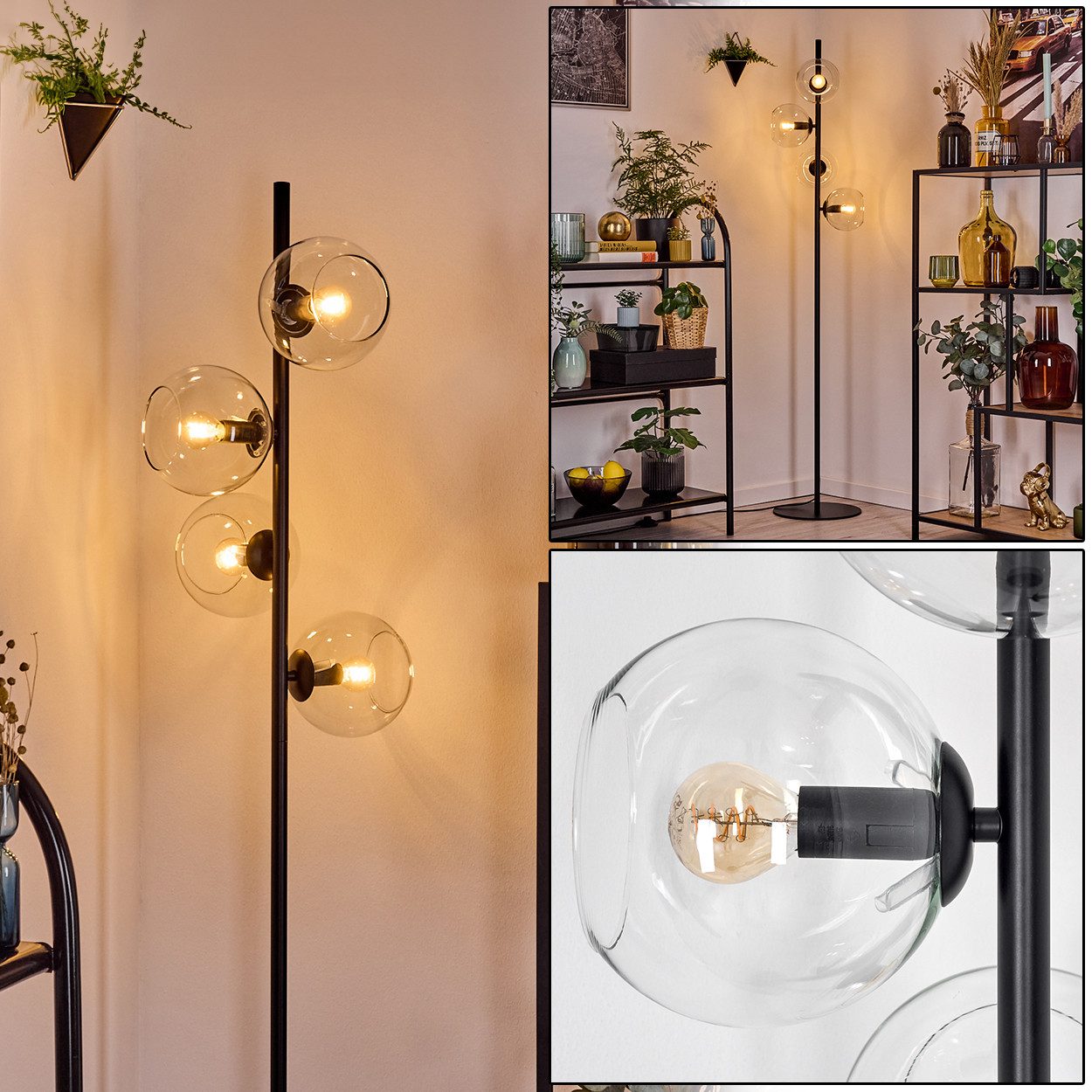 Stehlampe Stehlampe aus Metall/Glas in Schwarz/Klar, Retro/Vintage-Design