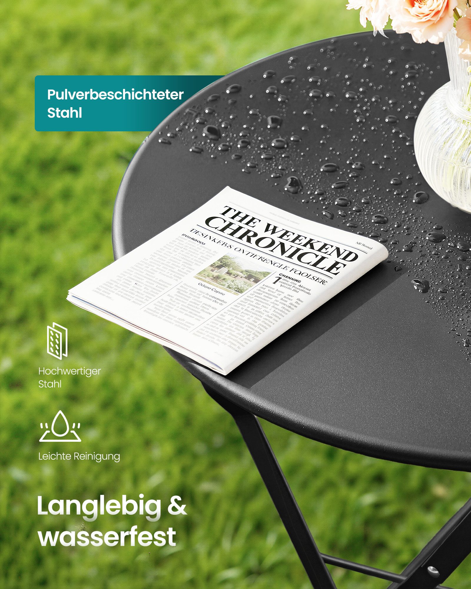 SONGMICS Balkonset, Gartenmöbel-Set, Balkonmöbel 3-teilig, 1 Klapptisch mit 2 Stühlen