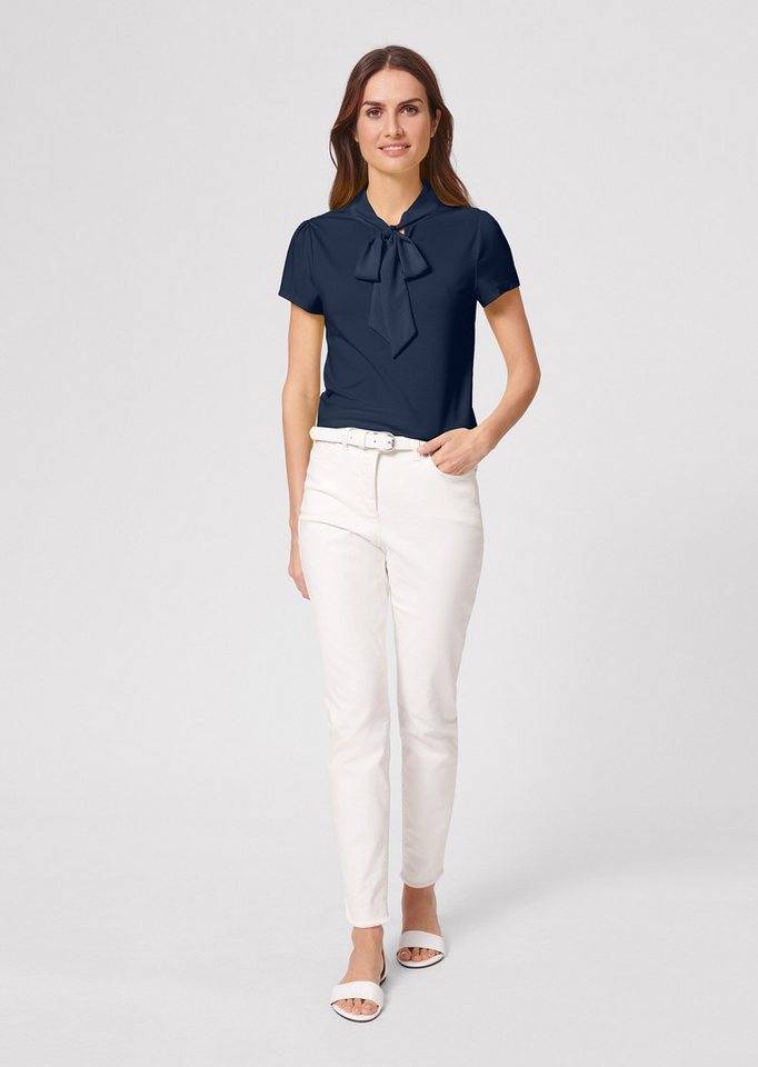 MADELEINE Kurzarmshirt Kurzarmoberteil mit Schluppe Schickes Blusenshirt mit V-Ausschnitt und Glanzbändern
