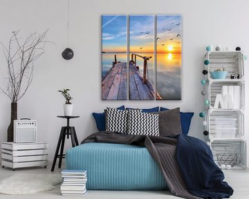 Wallarena Leinwandbild See Steg Sonne Natur Wohnzimmer Schlafzimmer Wandbild Modern, Landschaft (Set 3 teilig, 3 St), Wandbilder Leinwandbilder Leinwand Bilder Bild Groß Aufhängefertig