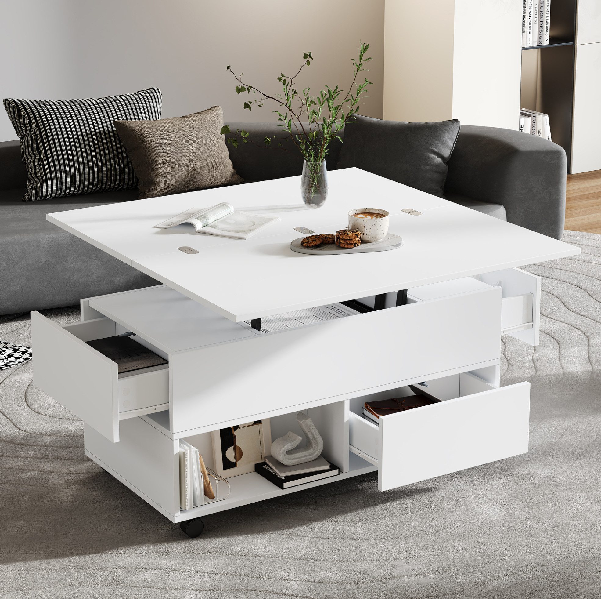 REDOM Couchtisch Design-Tisch – 3-in-1, höhenverstellbar & 4 Schubladen (Packung, 1-St., Weiß, 100×50×52 cm, für moderne Räume), hydraulische Hebefunktion, Rollen, versteckter Stauraum