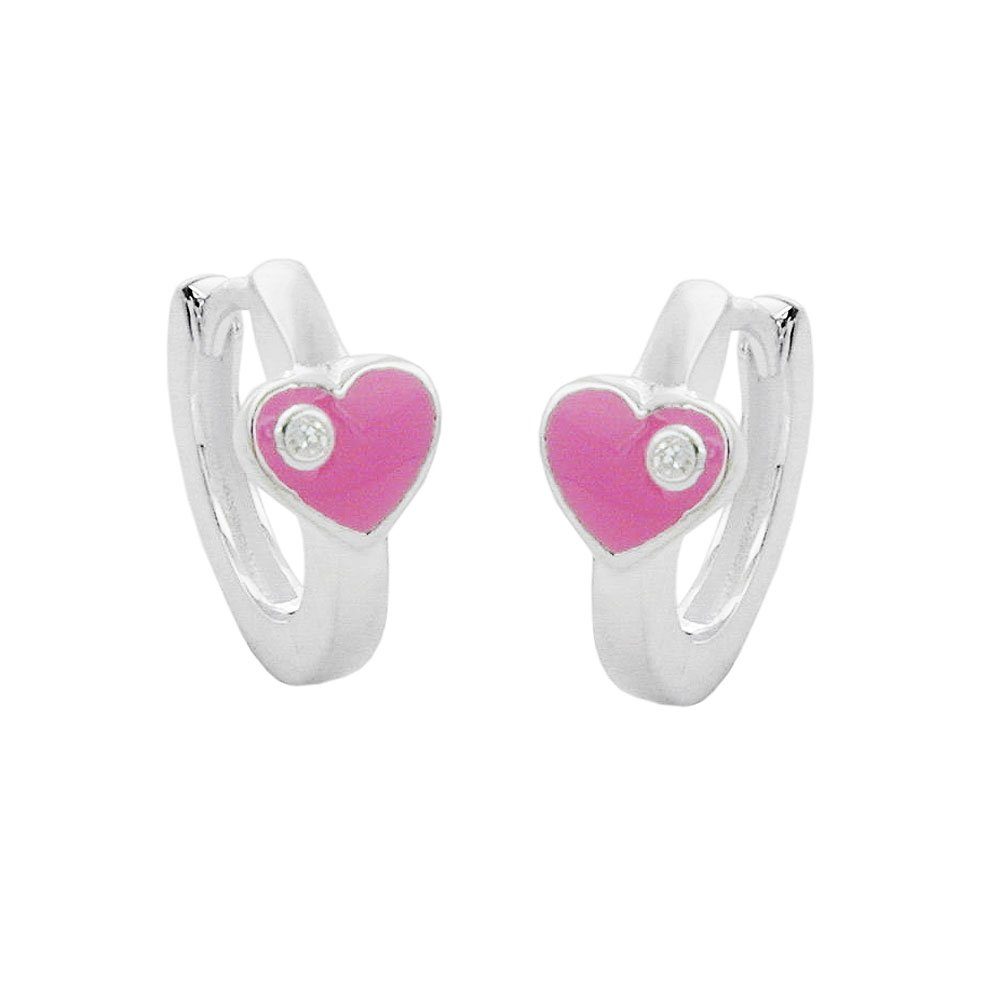 12 Zirkonia Herz Silber 325 Silberschmuck rosa lackiert Creolen für Kinder mm, x 2 mit Paar unbespielt Ohrringe