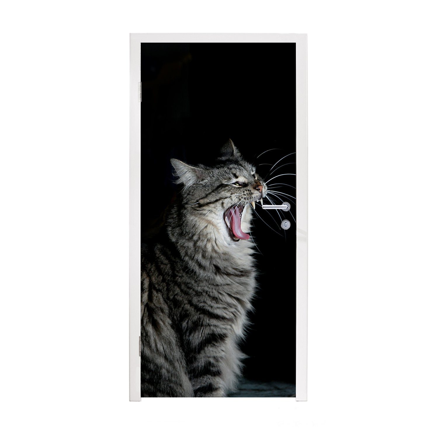 MuchoWow Türtapete Gaffende Katze, Matt, bedruckt, (1 St), Fototapete für Tür, Türaufkleber, 75x205 cm