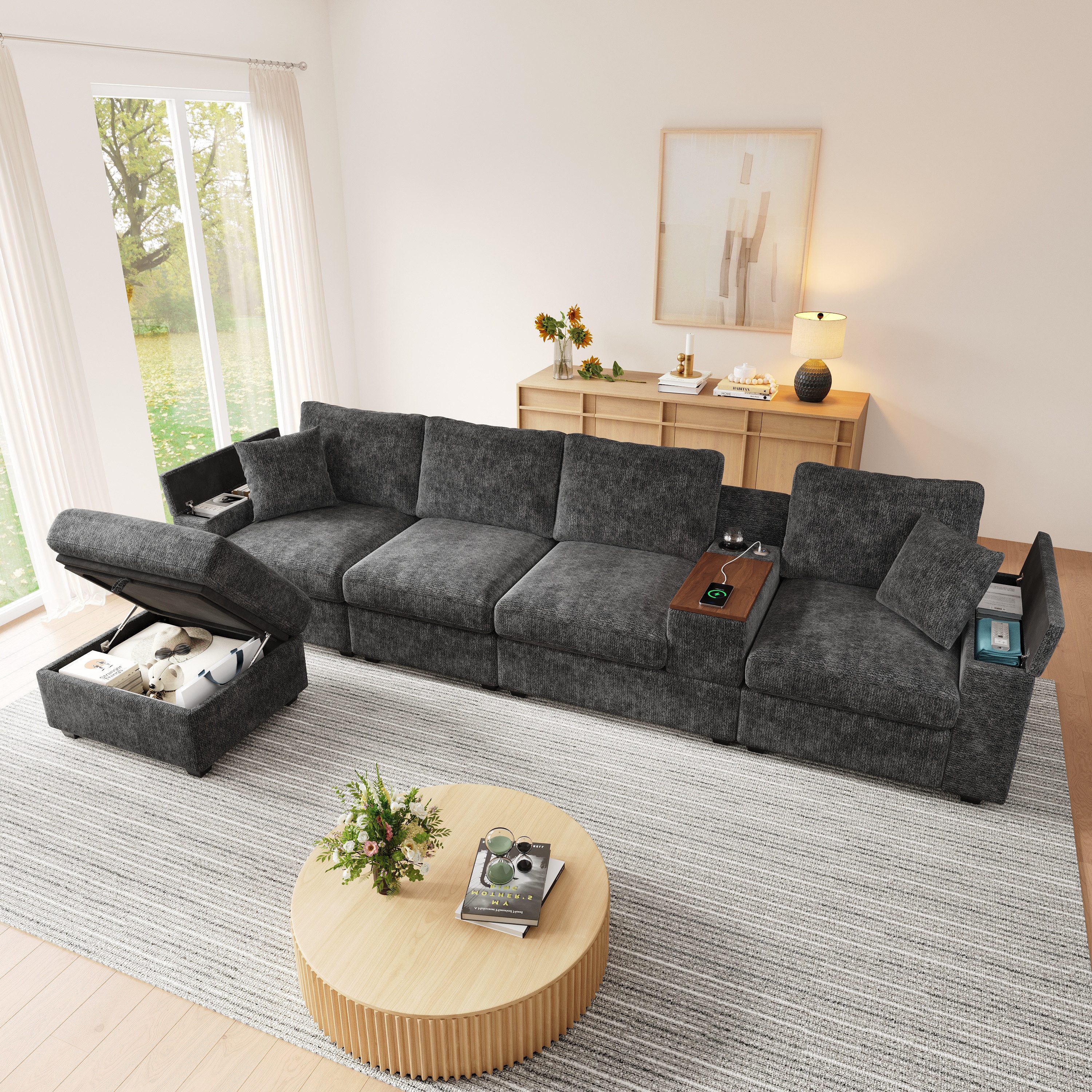 i@home Ecksofa L-förmiges Sofa, 4-Sitzer Sofa mit Hocker, USB-/Typ-C-Anschlüssen, Getränkehaltern, 360° drehbarem Couchtisch