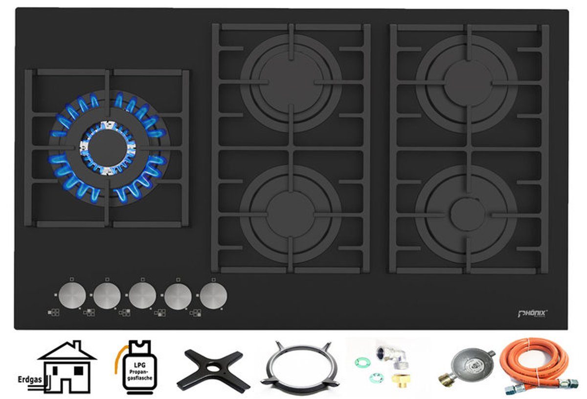 Phönix Germany Gas-Kochfeld Kochmulde PG-905SW2L, Einbaukochfeld Glas Gaskochfeld 5 flammig, Propan/ Erdgas, H-Gas