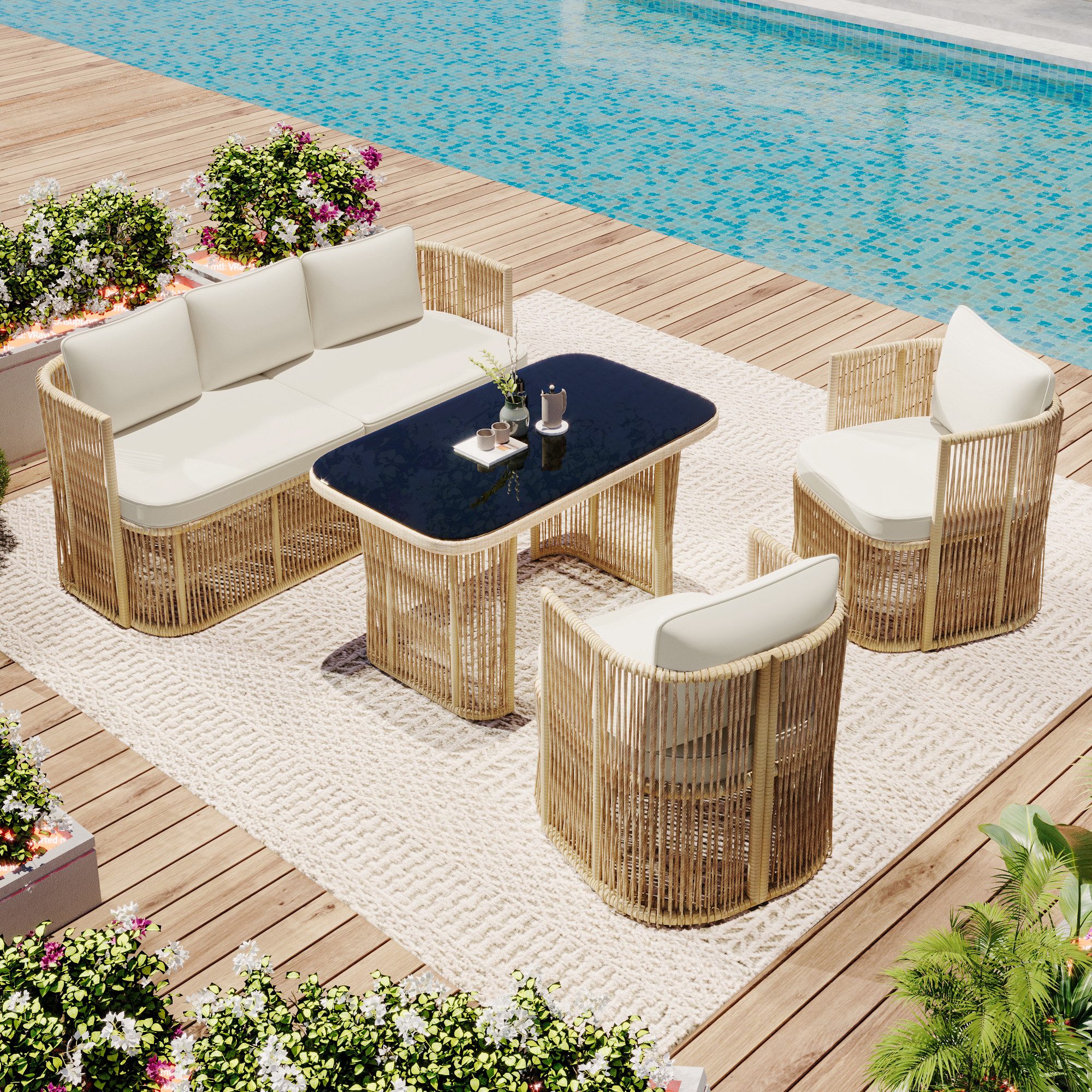Flieks Gartenlounge-Set, 5-Sitzer Gartenmöbel Balkonset aus PE-Rattan mit gehärtetem Glasplatte