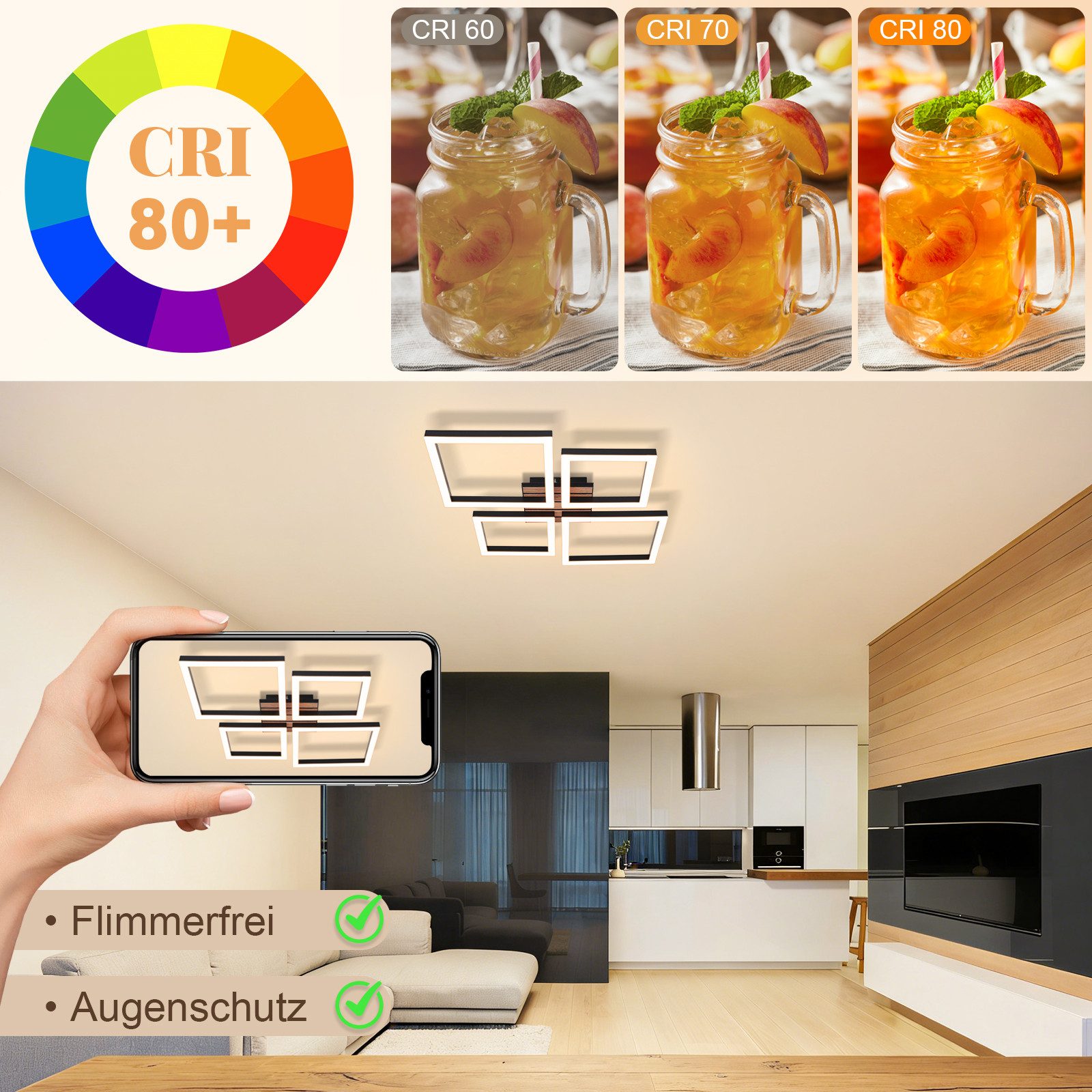 Nettlife LED Deckenleuchte Retro schwarz 14/21W eckig 3000K Warmweiß Design lampe Holz, LED fest integriert, für Küche Schlafzimmer Flur Wohnzimmer Bürolampe Zu – Bild 4 von 5