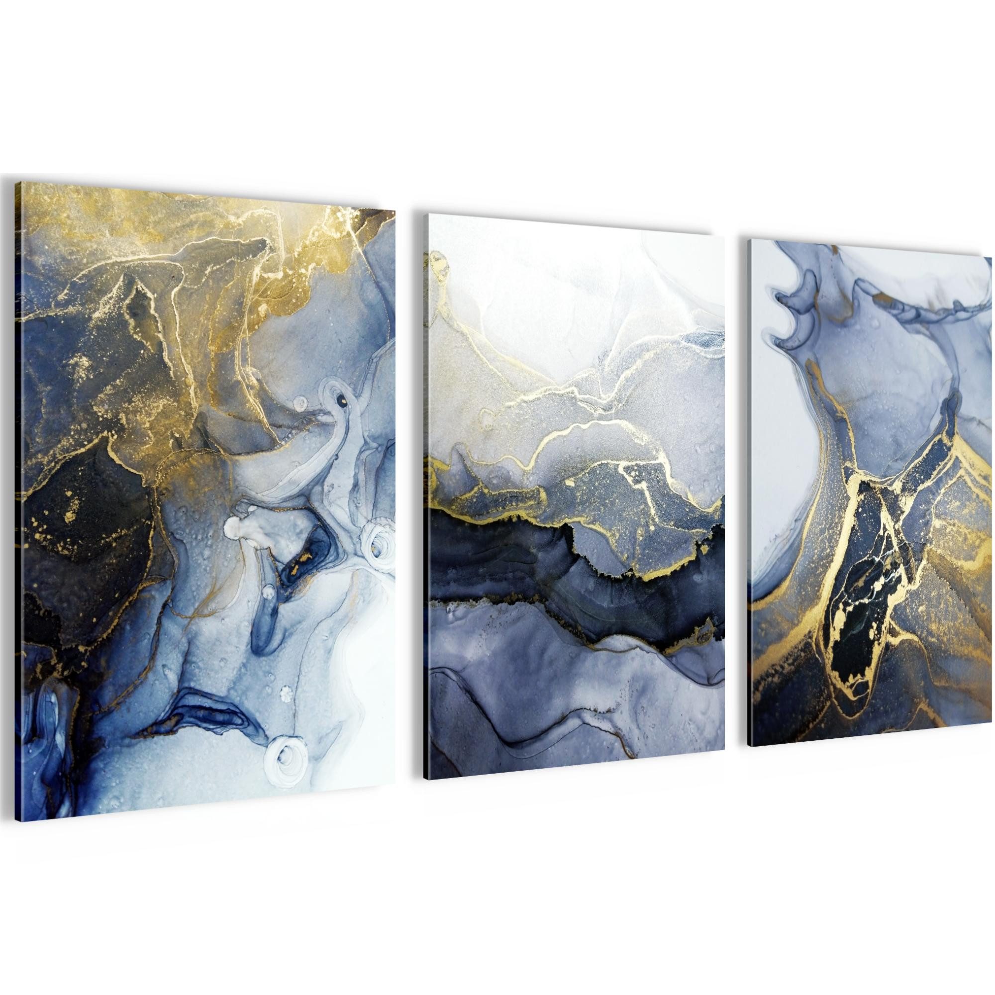 Novart Wandbild Bilder Abstrakt AUFHÄNGFERTIG für Schlafzimmer Deko Blau Gelb N0244, 40 x 60 cm - 3 Bilder