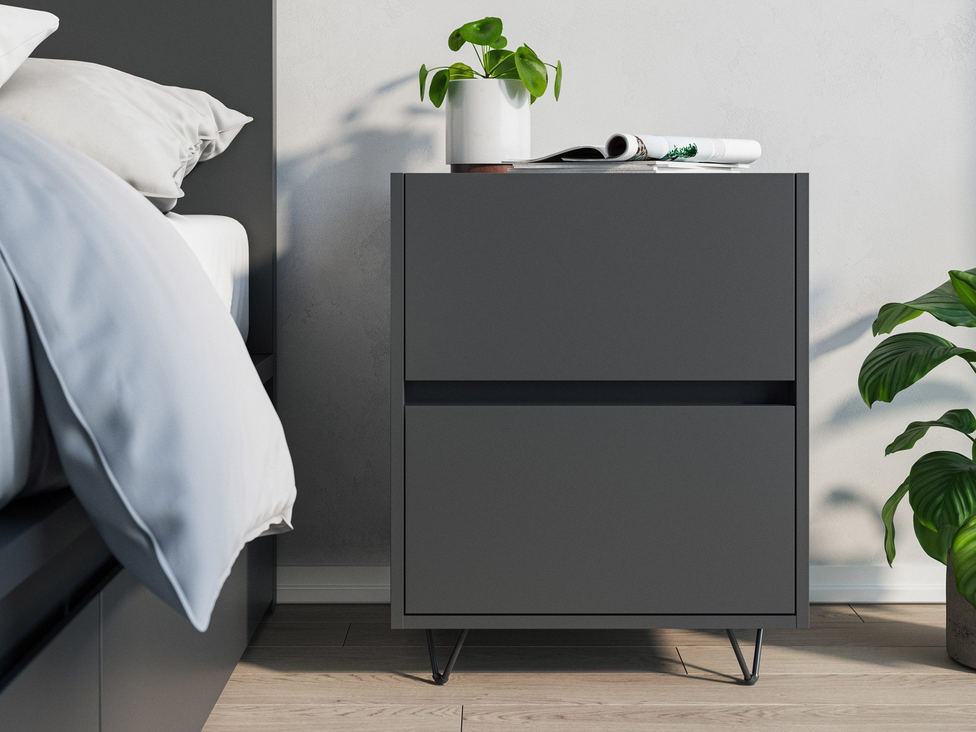 Magnolia Home Nachttisch Nachttisch Yako 50cm 2 SoftClose stehend Grafit Softtouch