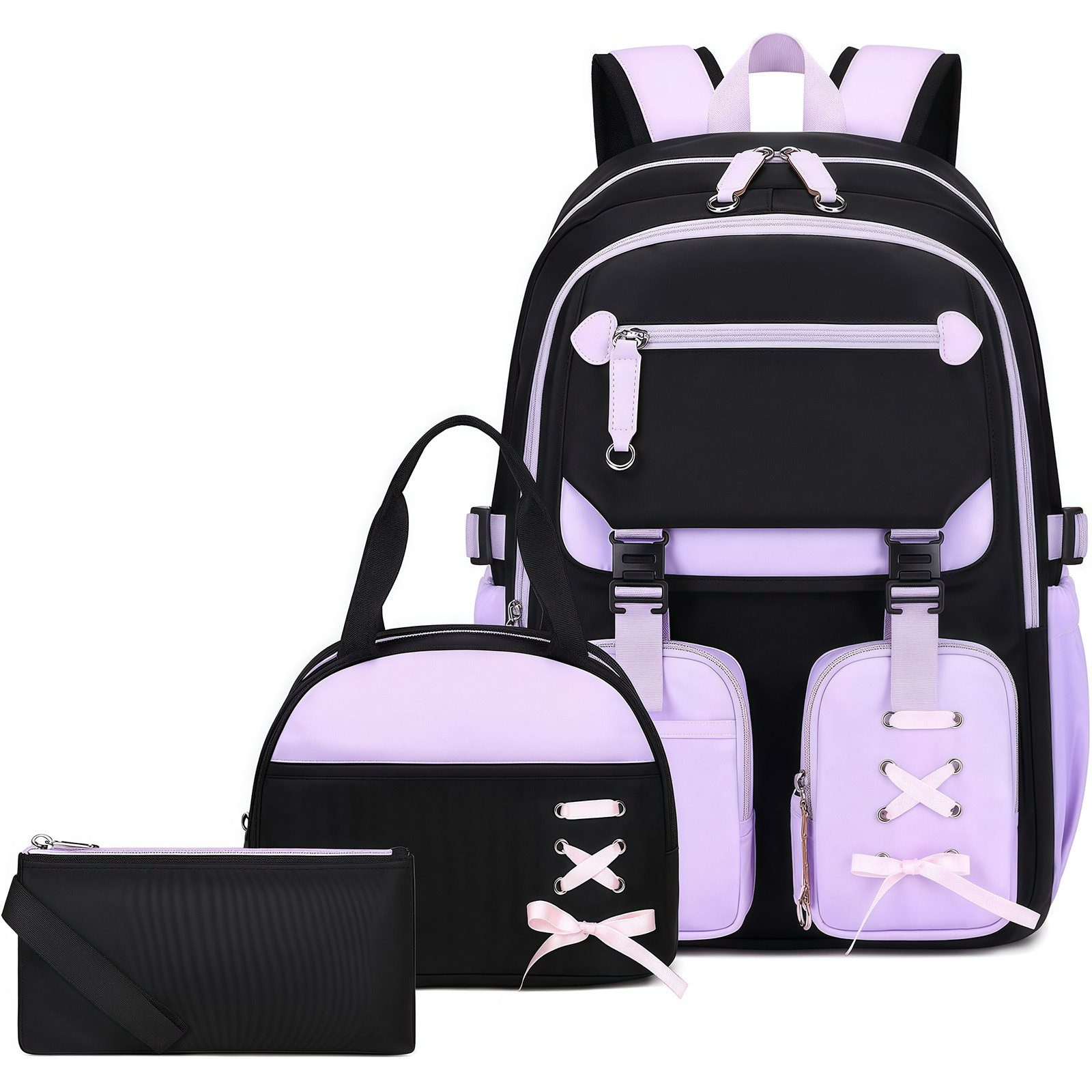MOPUEA Schulrucksack Schulrucksack Mädchen Teenager Daypack 3. bis 7. Klasse Schule (Schulrucksack-Set mit Lunchbox Federmäppchen für Mädchen Teenager, 3-tlg., Mit Lunchbox Federmäppchen Großem Hauptfach Seitenfächern Rückenfach), Wasserabweisend Leicht E
