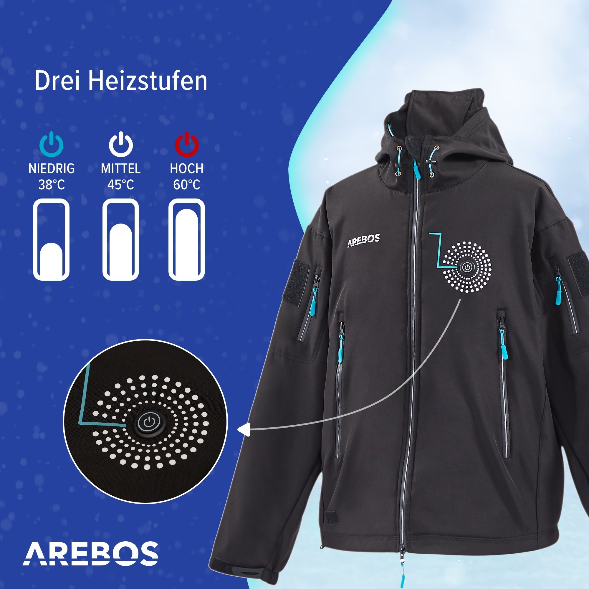 Arebos Outdoorjacke Akku Winterjacke Sportjacke Outdoor Jacke beheizbar Thermojacke Unisex (Stück, M)