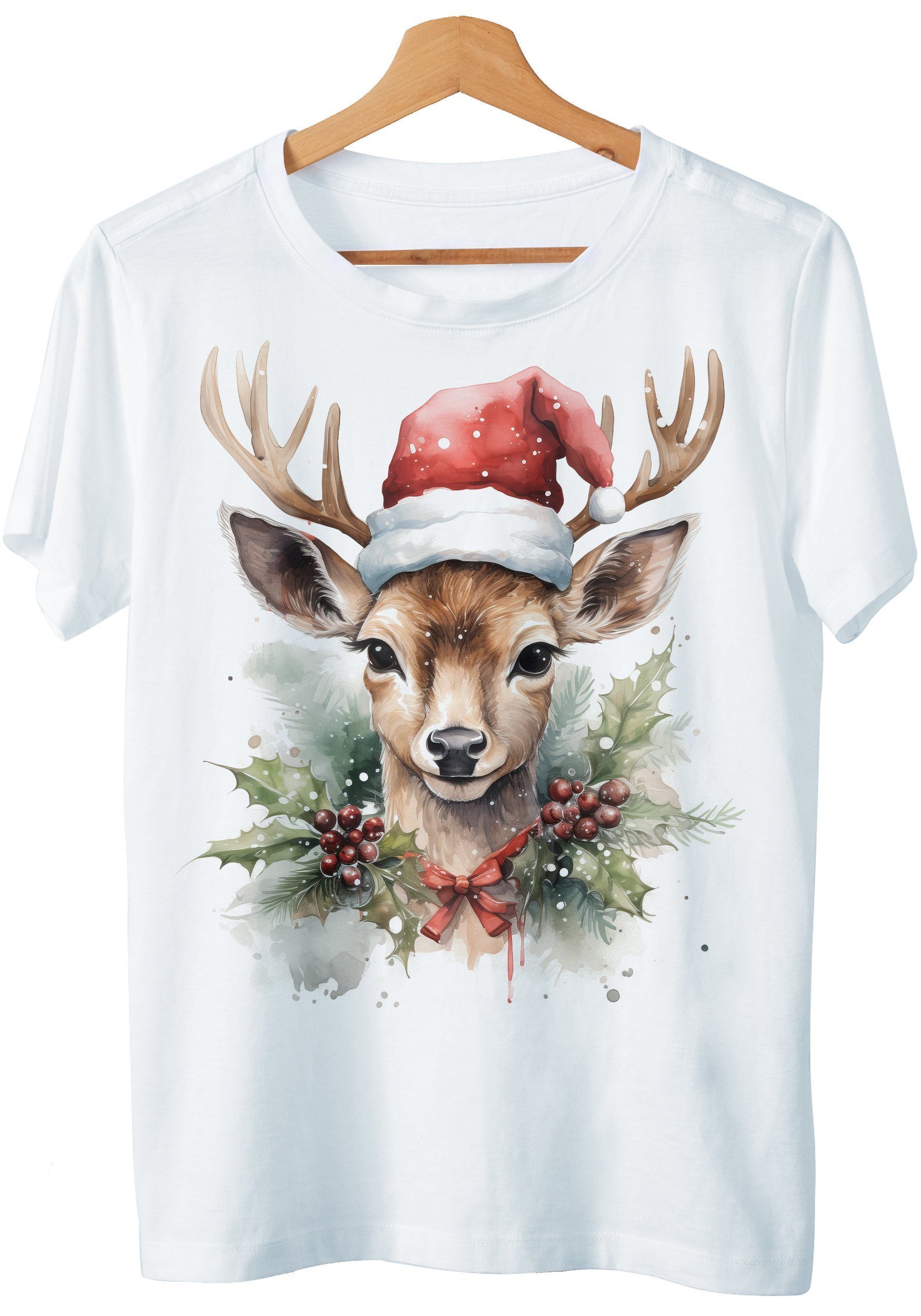 T-Shirt Weihnachten Design Reh mit Weihnachtsmütze für Damen Geschenk