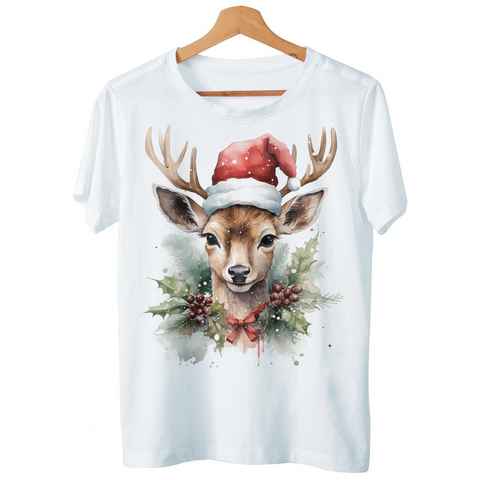 Art & Detail Shirt T-Shirt Weihnachten Design Reh mit Weihnachtsmütze für Damen Geschenk, Weihnachten, Reh