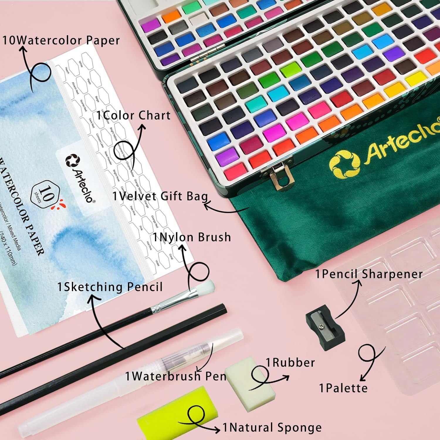 Artecho Aquarellfarbe Set – 24/50/100/128/168 Wasserfarben mit Aquarellpapieren & Pinseln, - egal ob unterwegs, Zuhause, in der Schule - für Anfänger und Profis