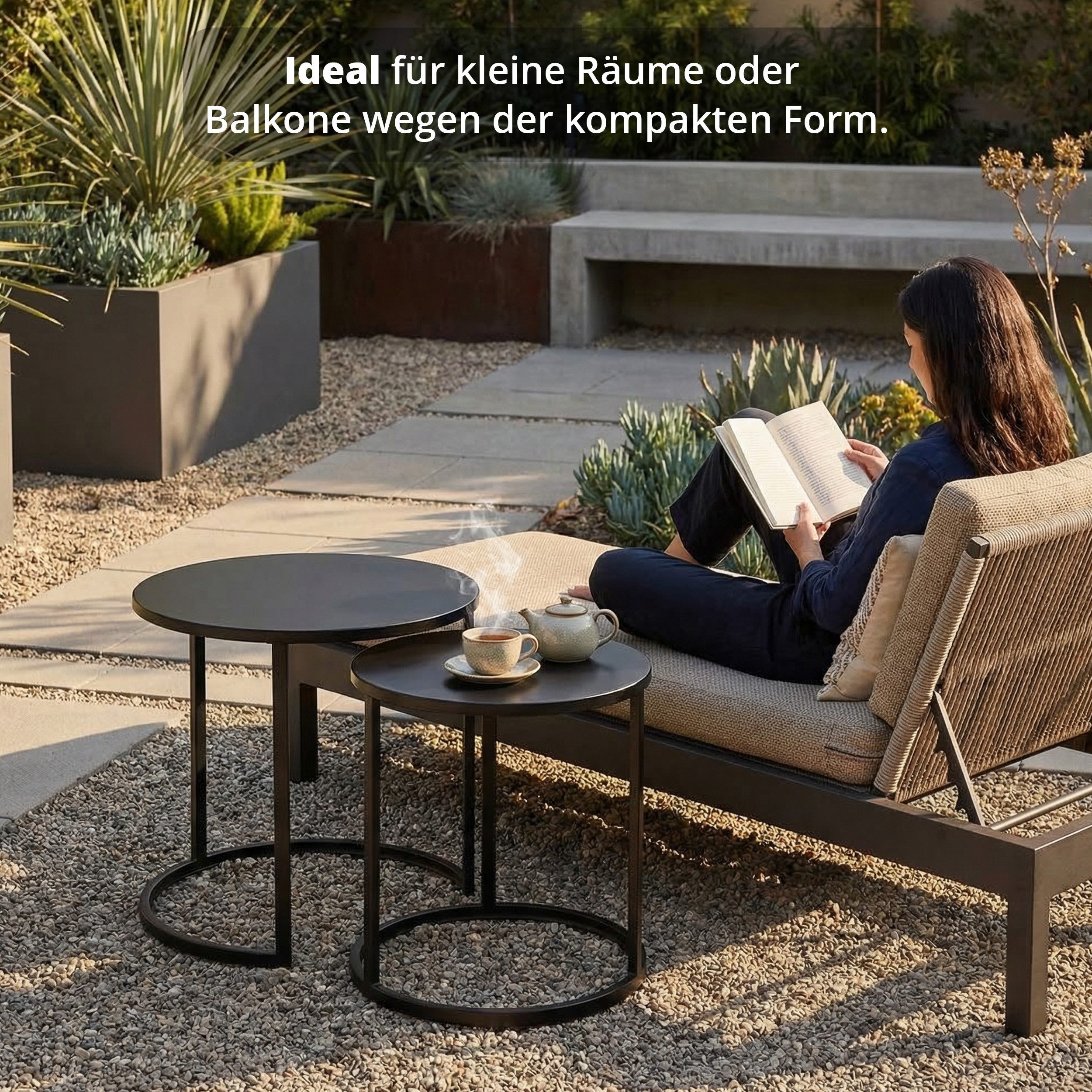 KHG Beistelltisch Garten-Beistelltisch 2-teilig in Anthrazit aus Stahl (runder Couchtisch ineinander stellbar, 5 kg belastbar, wetterfest UV-beständig, 60x52x60 cm), Ineinander stapelbar, wetterfest