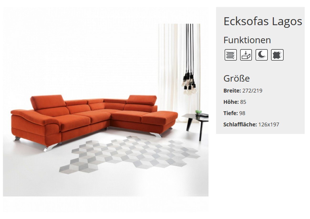 Polster Textl Wohnzimmer Mit JVmoebel Bettfunktion Ecksofa Sitz, Funktions Schlafsofa Ecksofa Orange Sofa