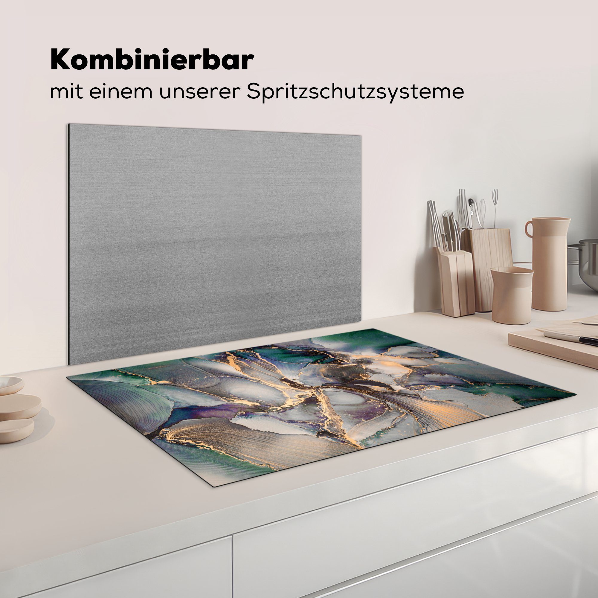 MuchoWow cm, die Schutz Herdblende-/Abdeckplatte Induktionskochfeld tlg), Gold 81x52 für - Ceranfeldabdeckung Blau Vinyl, (1 - Marmor, küche,