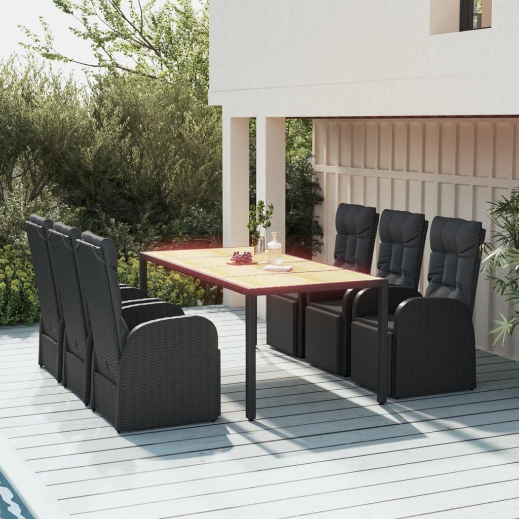vidaXL Garten-Essgruppe 7-tlg. Garten-Essgruppe Schwarz Poly Rattan & Massivholz, (7-tlg)