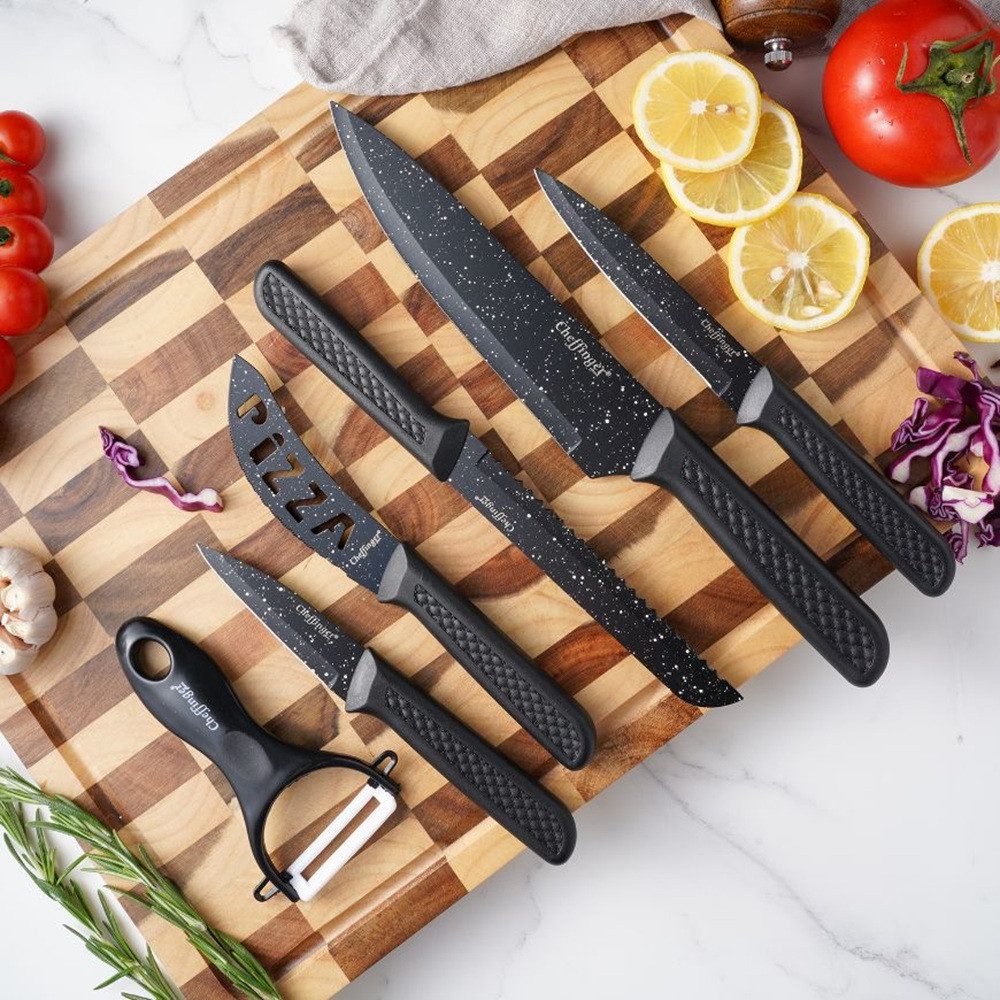 Cheffinger Messer-Set 6-teilig mit Schäler in Schwarz - ergonomisch & vielseitig (6-tlg), 6-teilig, Edelstahl – Bild 2 von 3