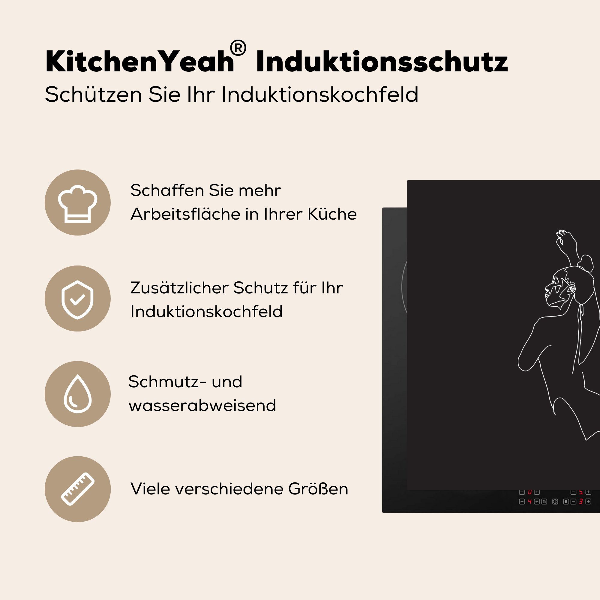 Arbeitsplatte - (1 cm, Herdblende-/Abdeckplatte 78x78 Frau Weiß, MuchoWow Vinyl, Schwarz Ceranfeldabdeckung, - für küche Strichzeichnung tlg), -