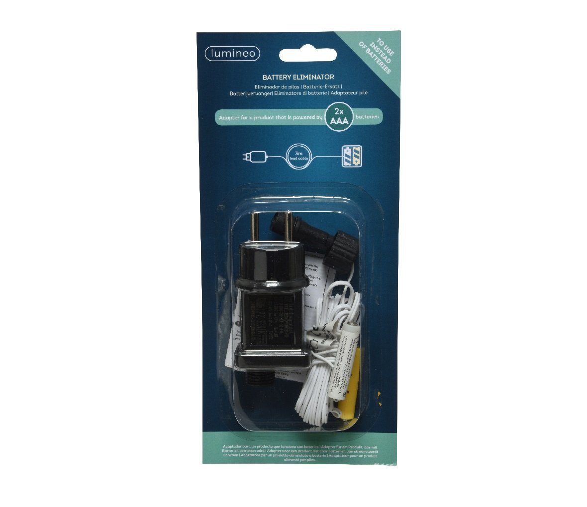 LED-Lichterkette Lumineo Batterie-Ersatz 2x AAA 3 m, Batterie Eliminator, weißes Kabel