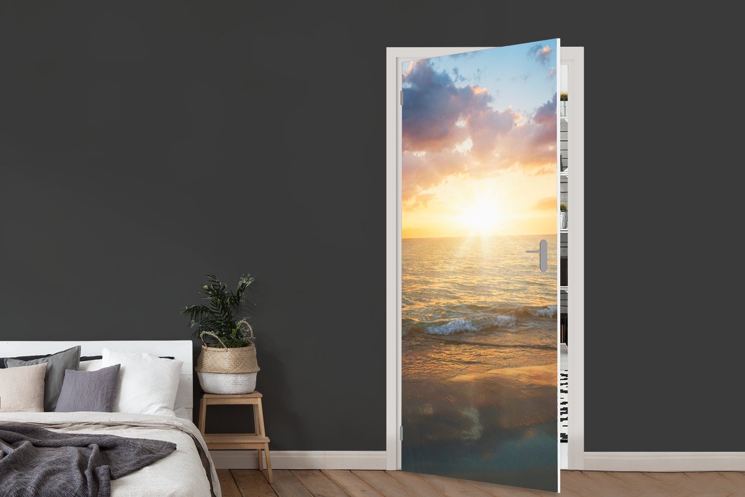St), 75x205 - bedruckt, - cm Türaufkleber, für Sonnenuntergang Türtapete Wolken Strand, Tür, Fototapete MuchoWow Matt, (1