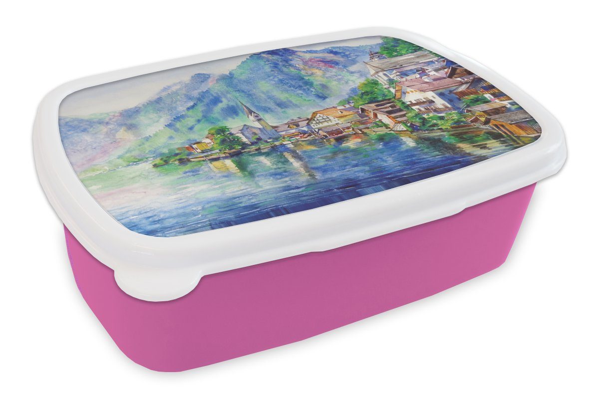 MuchoWow Lunchbox Malerei - Architektur - Wasser - Berge - Öl, Kunststoff, (2-tlg), Brotbox für Erwachsene, Brotdose Kinder, Snackbox, Mädchen, Kunststoff rosa