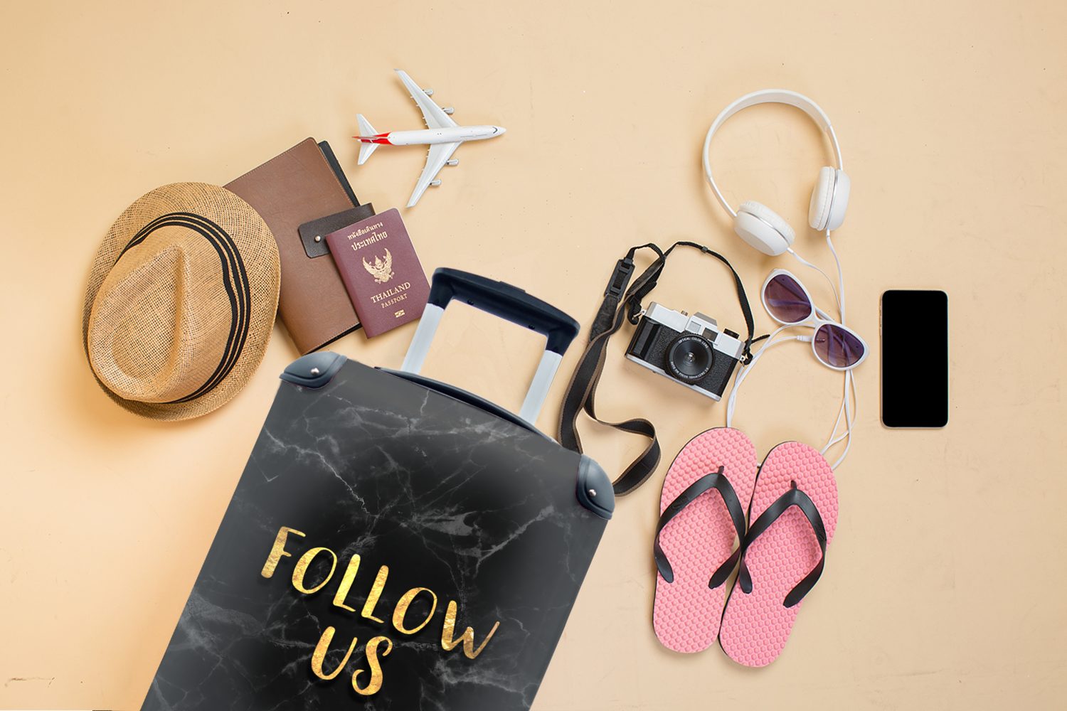 Ferien, - Instagram Marmor, Handgepäckkoffer Reisetasche Rollen, Reisekoffer MuchoWow Handgepäck mit 4 Soziale für - Medien Gold - rollen, Trolley,