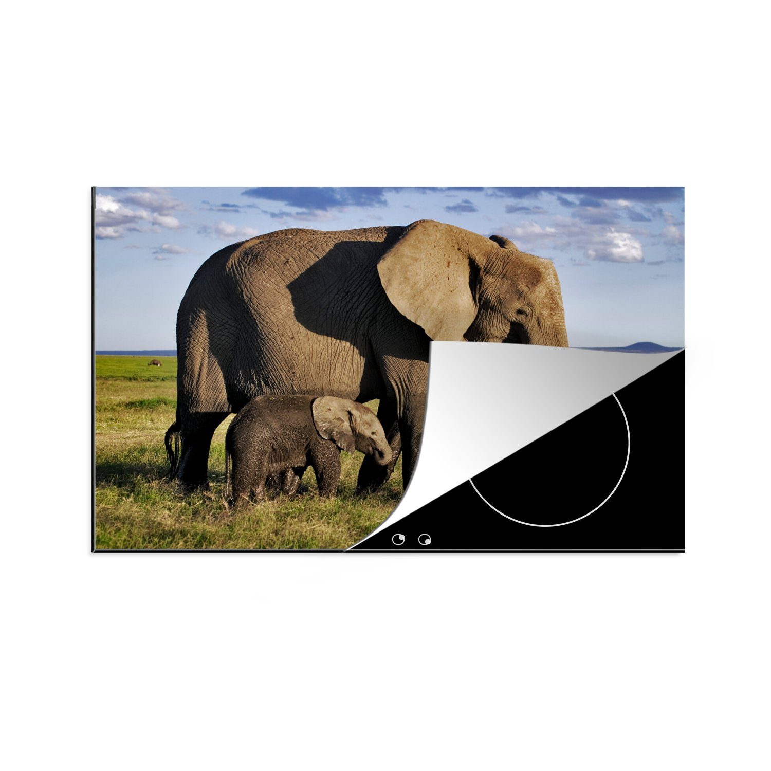 MuchoWow Herdblende-/Abdeckplatte Elefant - Tiere - Grasland - Grün - Grau, Vinyl, (1 tlg), 81x52 cm, Induktionskochfeld Schutz für die küche, Ceranfeldabdeckung