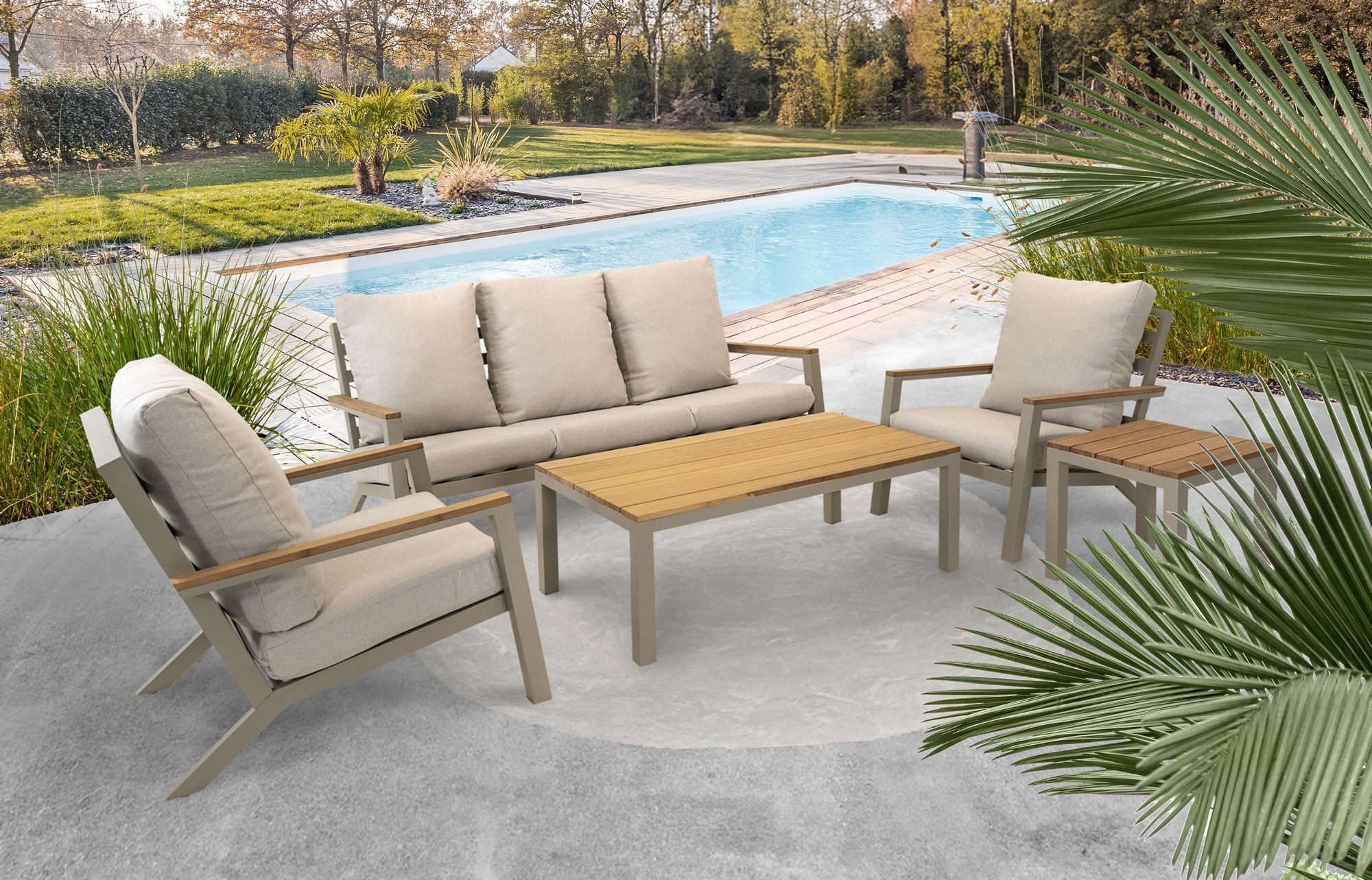 Lesli Living Gartenlounge-Set Lesli Living Lounge-Set "Donnan" matt-taupe/beige/Bambus