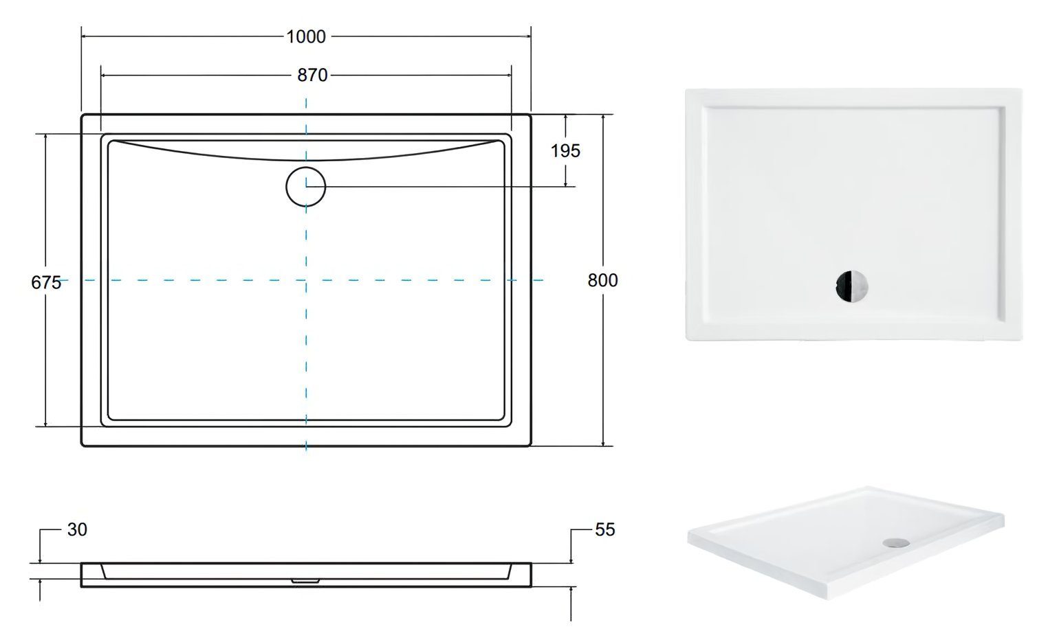 KOLMAN Duschwanne Alpina Duschtasse, Rechteckig, Acryl, 100x80 cm, Ablaufgarnitur GRATIS