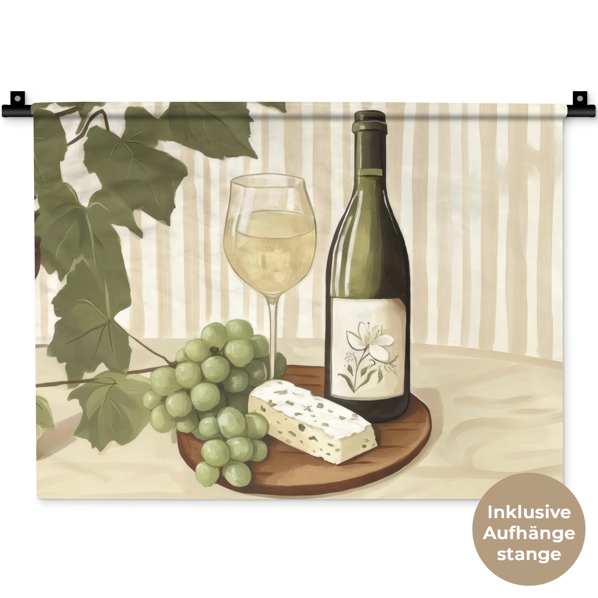 MuchoWow Wandteppich Wein - Trauben - Käse - Laub, Rechteckig, Höhe: 3 mm, Wanddeko Teppich Wohnzimmer, Schlafzimmer, 60x45 cm