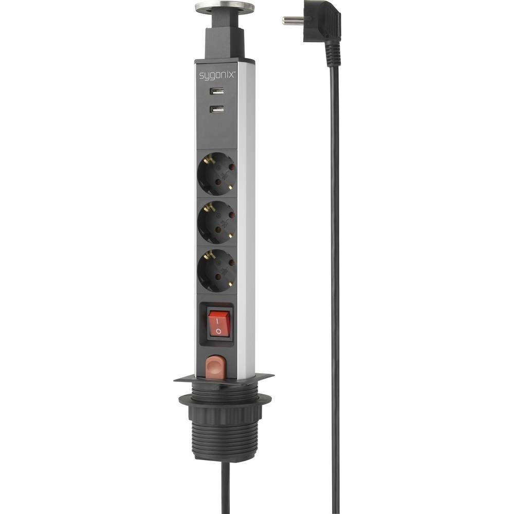Sygonix 3fach Розеткиturm mit USB Розеткиleiste, mit Schalter, mit USB, versenkbar, erhöhter Berührungsschutz